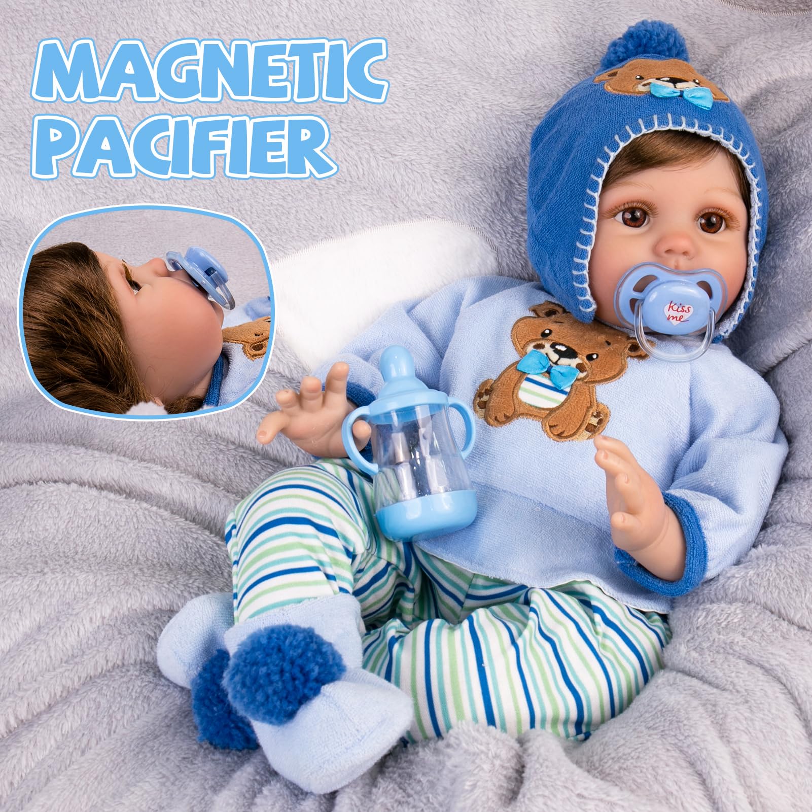 Lifelike Baby Boy Doll Accessories Set - Blue Magnetic Pacifier & Feeding Bottle for Reborn Dolls | Perfect for Role Play, Collecting & Gift Giving