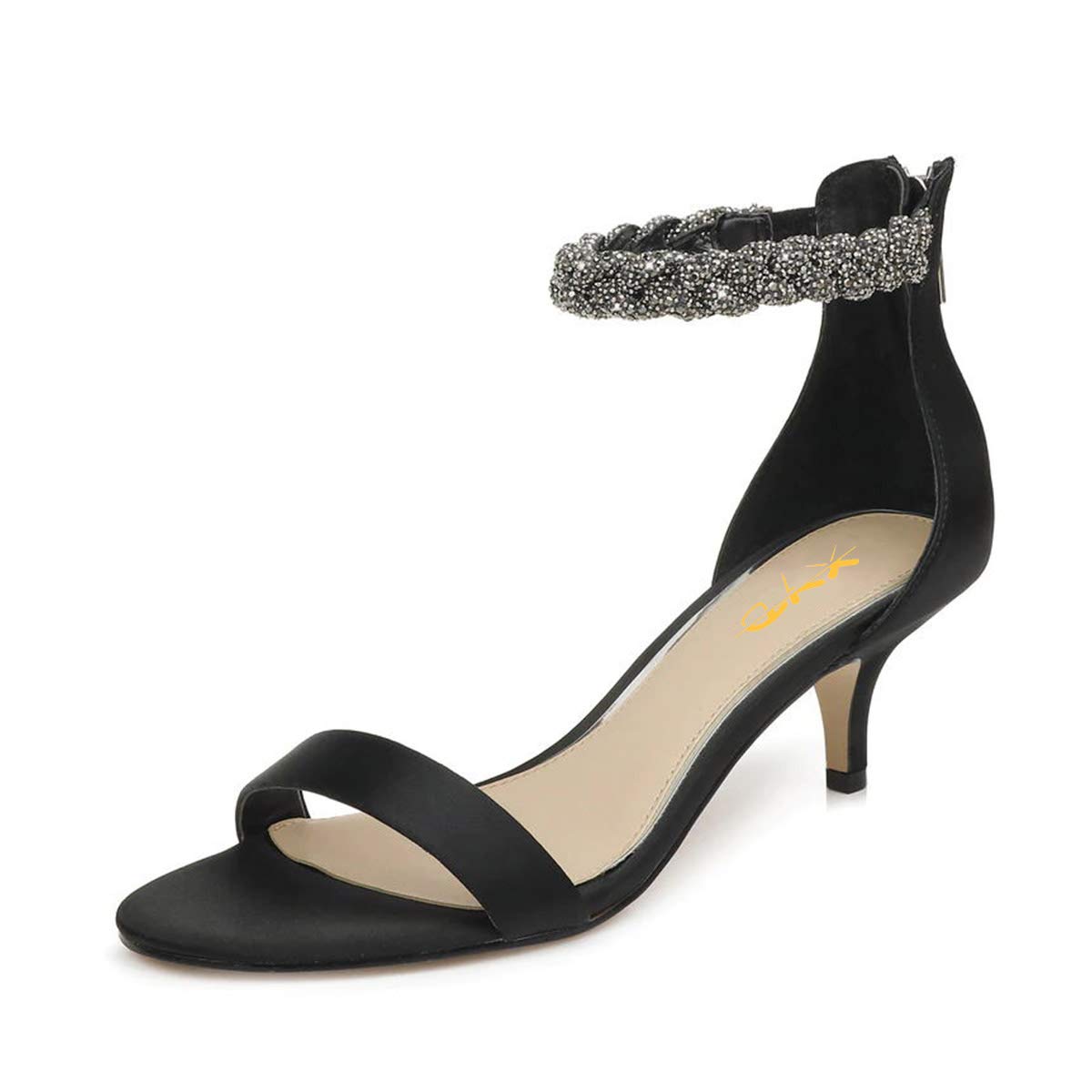 XYD Women's Rhinestone Ankle Strap Kitten Heel Sandals - Elegant Low Heel Dress Shoes for Wedding, Party & Special Occasions - Perfect for Bridal Shower, Cocktail Events & Evening Outings