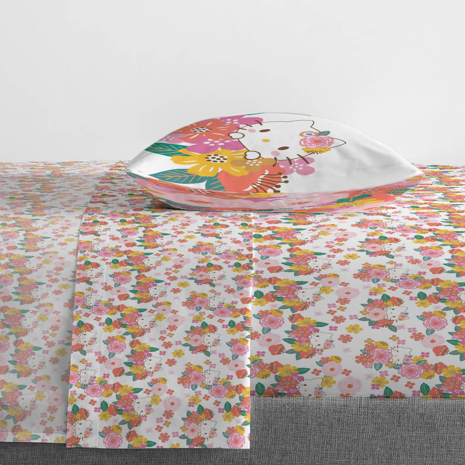 Jay Franco Hello Kitty Twin Size 3-Piece Sheet Set - Super Soft Microfiber Bedding with Floral Print & Reversible Pillow Covers - Perfect for Kids' Rooms, Dorm Decor, and Gift Giving