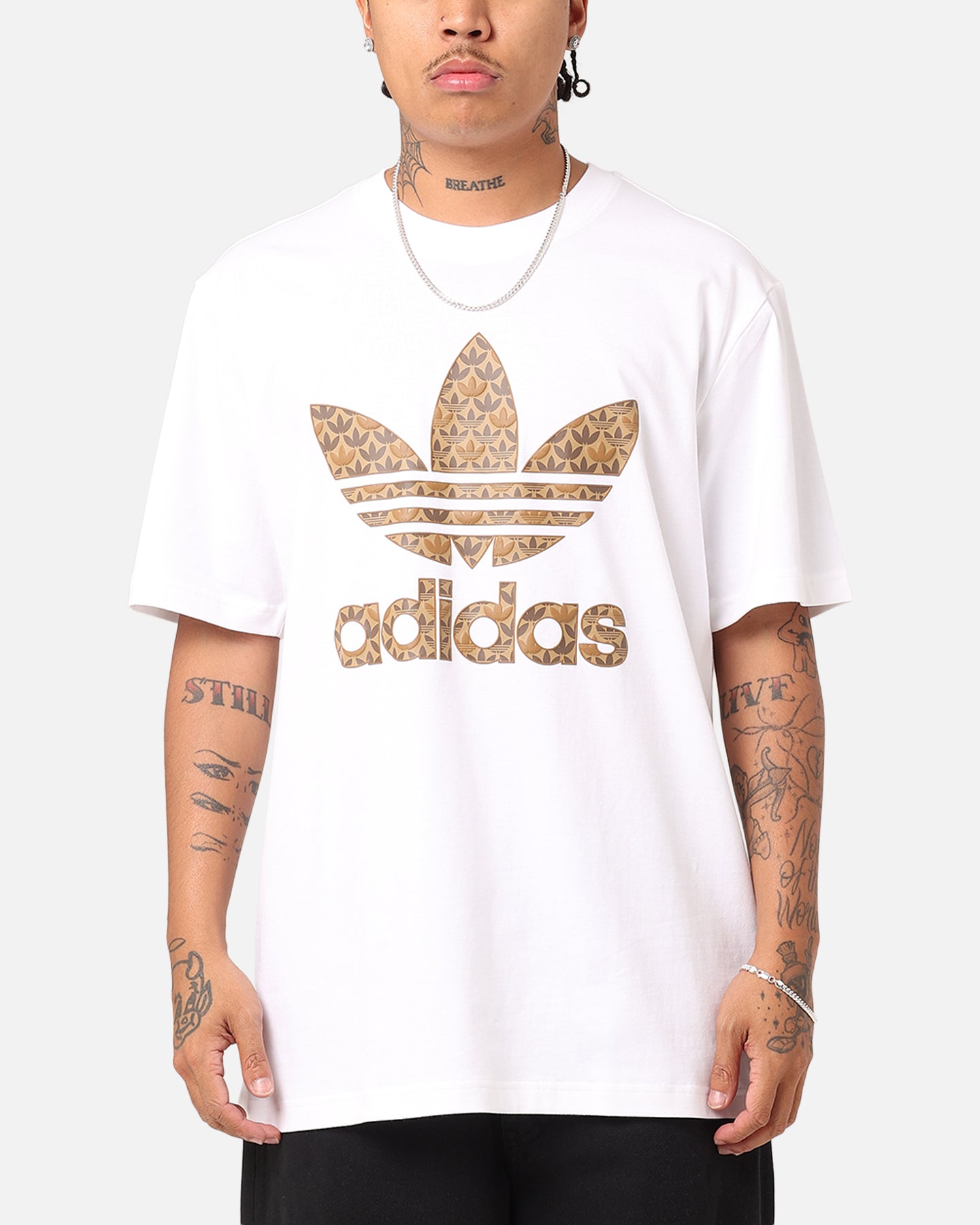 Adidas Classic Monogram T-Shirt for Men - White/Earth Strata - Comfortable Cotton Casual Tee for Streetwear, Gym & Everyday Wear