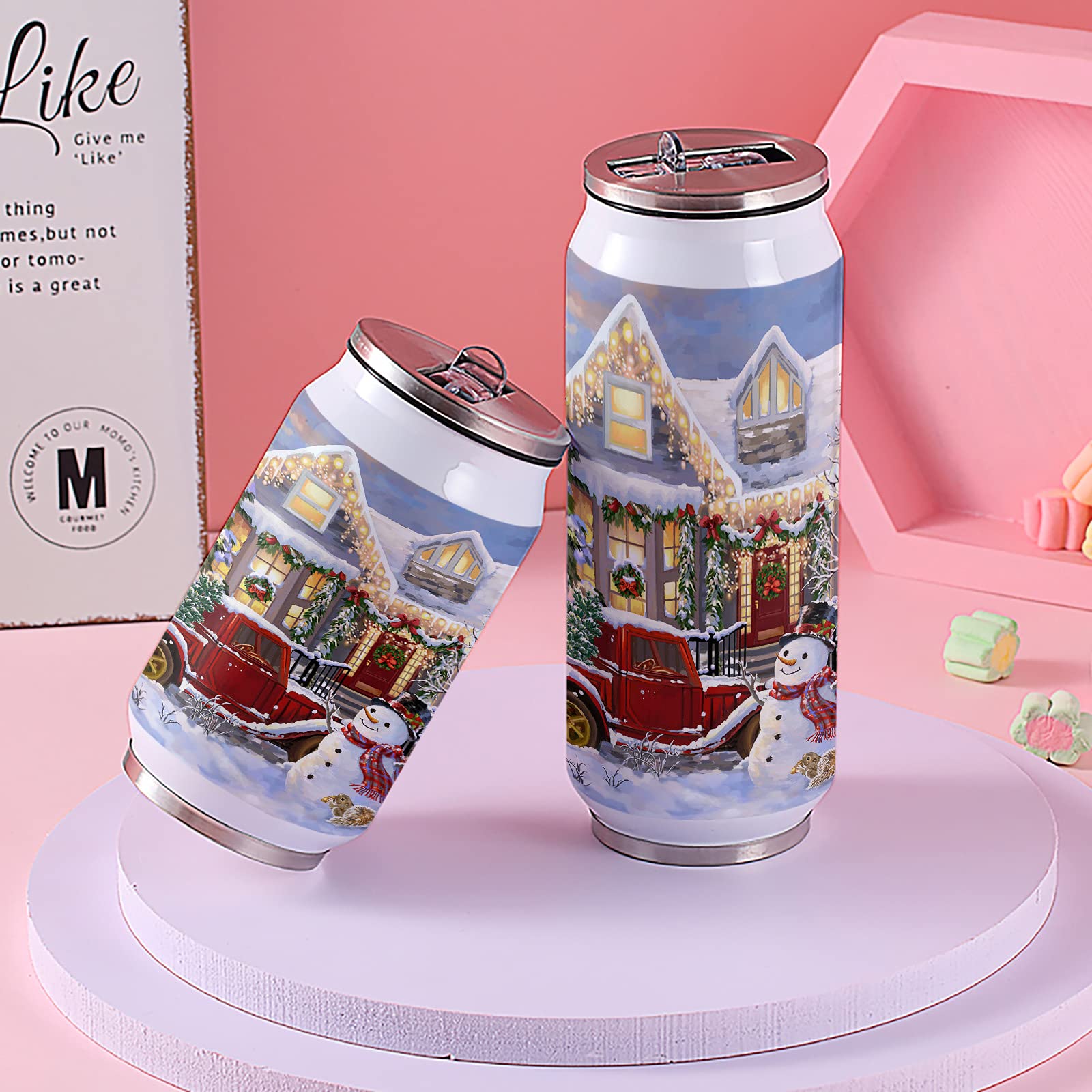 Christmas Snowman Insulated Tumbler - 14oz Double Wall Stainless Steel Vacuum Travel Mug with Lid & Straw - Leakproof Coffee & Water Cup for Home, Office, Car - Perfect Holiday Gift for Christmas, New Year (Red Retro Truck & Xmas Tree Design) - Great for Hot/Cold Drinks, Commuting, Gifts & Winter Celebrations