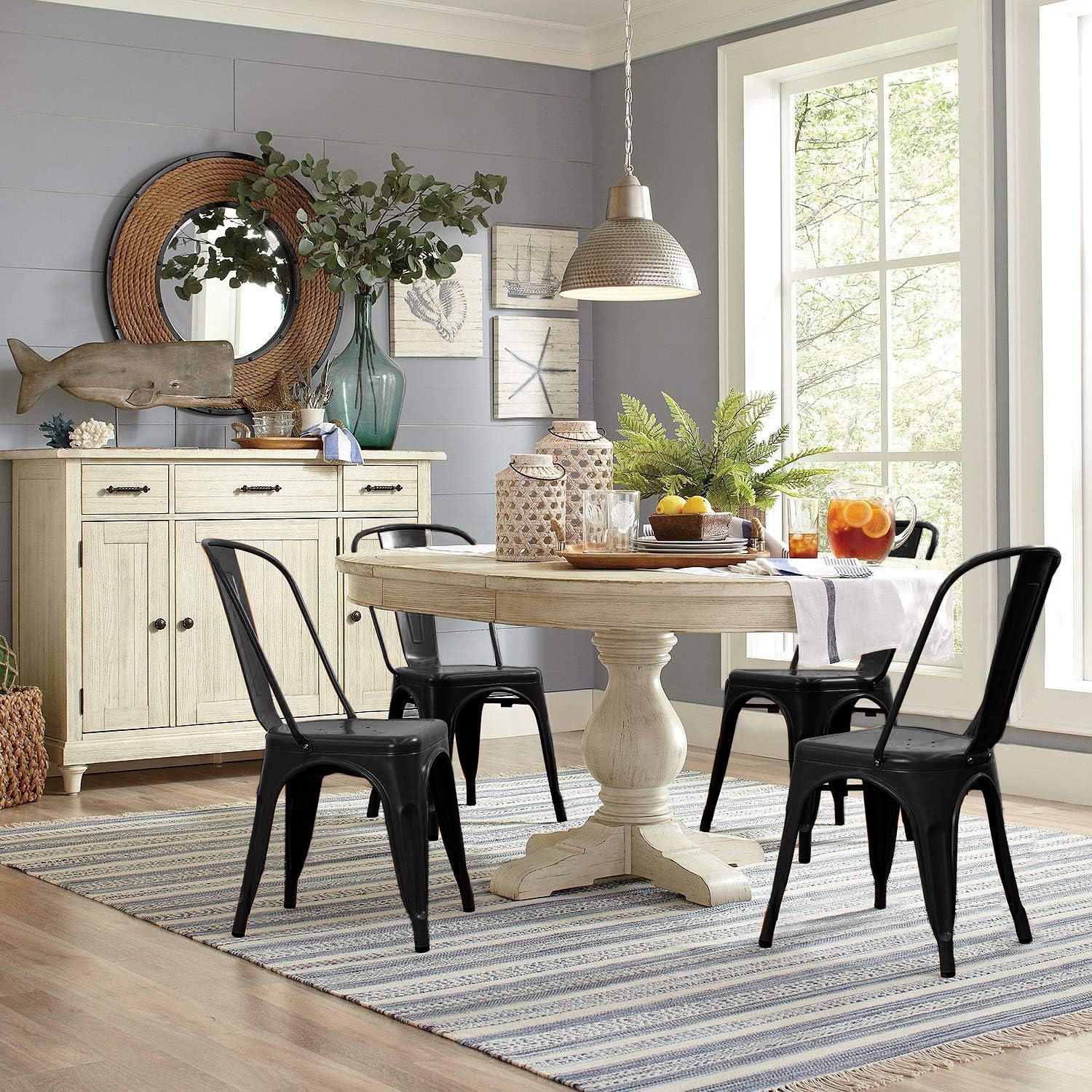 Devoko 4-Piece Stackable Metal Indoor/Outdoor Dining Chairs - Distressed Black Kitchen Side Chairs with Backrest | Perfect for Patio, Restaurant, Cafe & Home Decor