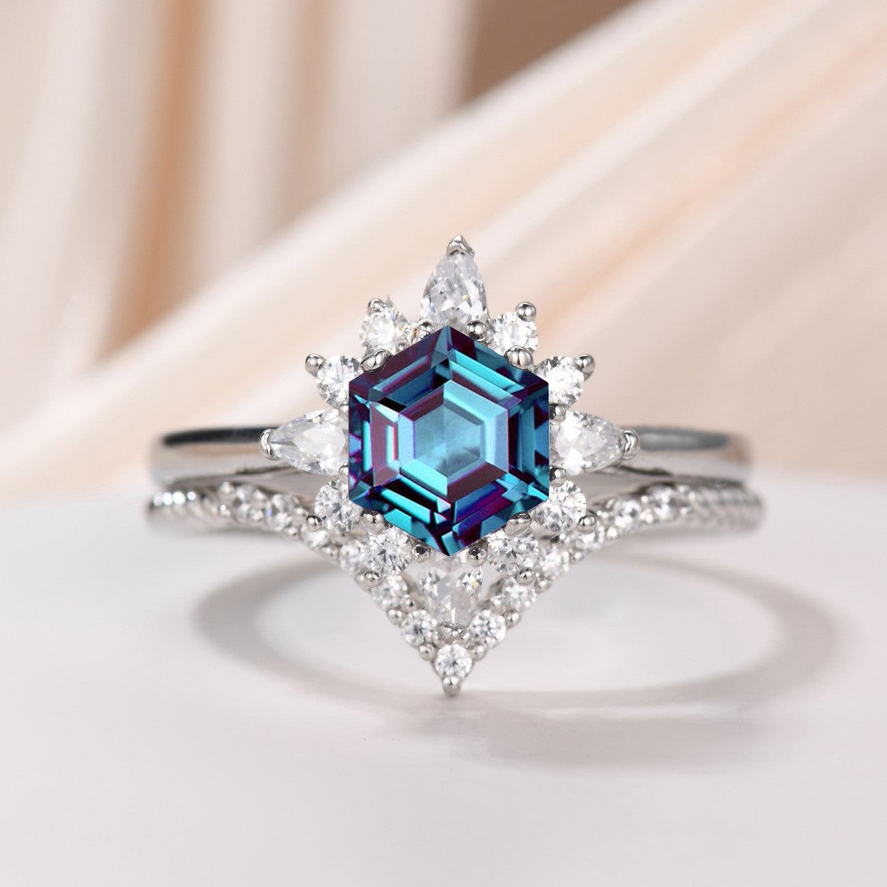 Hexagon Cut Alexandrite Silver Ring Set - White Gold Plated Curved Elongated Rope Diamond Ring | Vintage Inspired Jewelry for Weddings, Anniversaries & Special Occasions