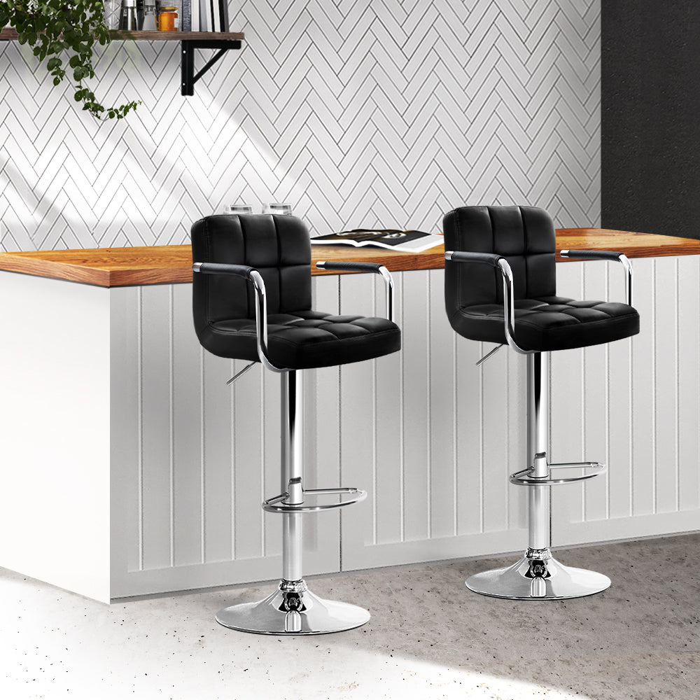 Black Leather Bar Stools with Gas Lift and Armrests - Adjustable Height for Kitchen Island, Breakfast Nook & Home Bar Seating