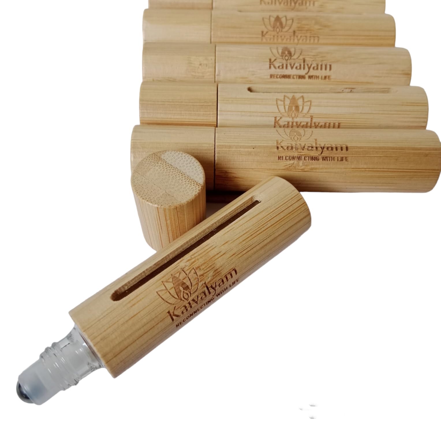 Kaivalyam 10ml Empty Glass Bottles (Set of 6) with Bamboo Case - Essential Oil Roller Bottles for Aromatherapy, DIY Blends, Travel & Home Use | Perfect for Massage, Relaxation & Skincare