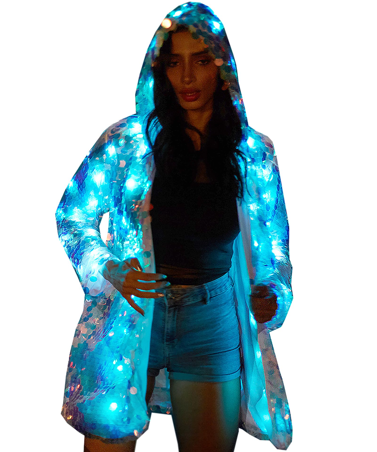 LED Light Up Sequin Jacket for Women - Sparkly Coat with LED Lights for Rave, Festival & Party Outfits - Perfect for Halloween, Concerts, Nightclubs and Special Events