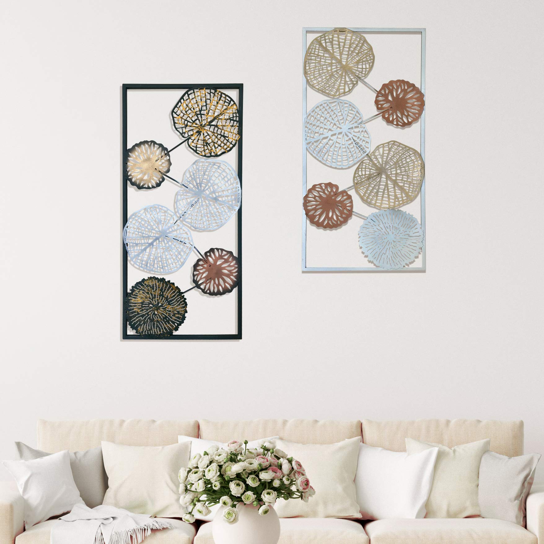 DecorShore Contemporary Metal Wall Art Set of 2 - Framed Modern Home Decor with Nature Leaves Design - Large Metal Wall Hangings for Living Room, Bedroom & Office Decor