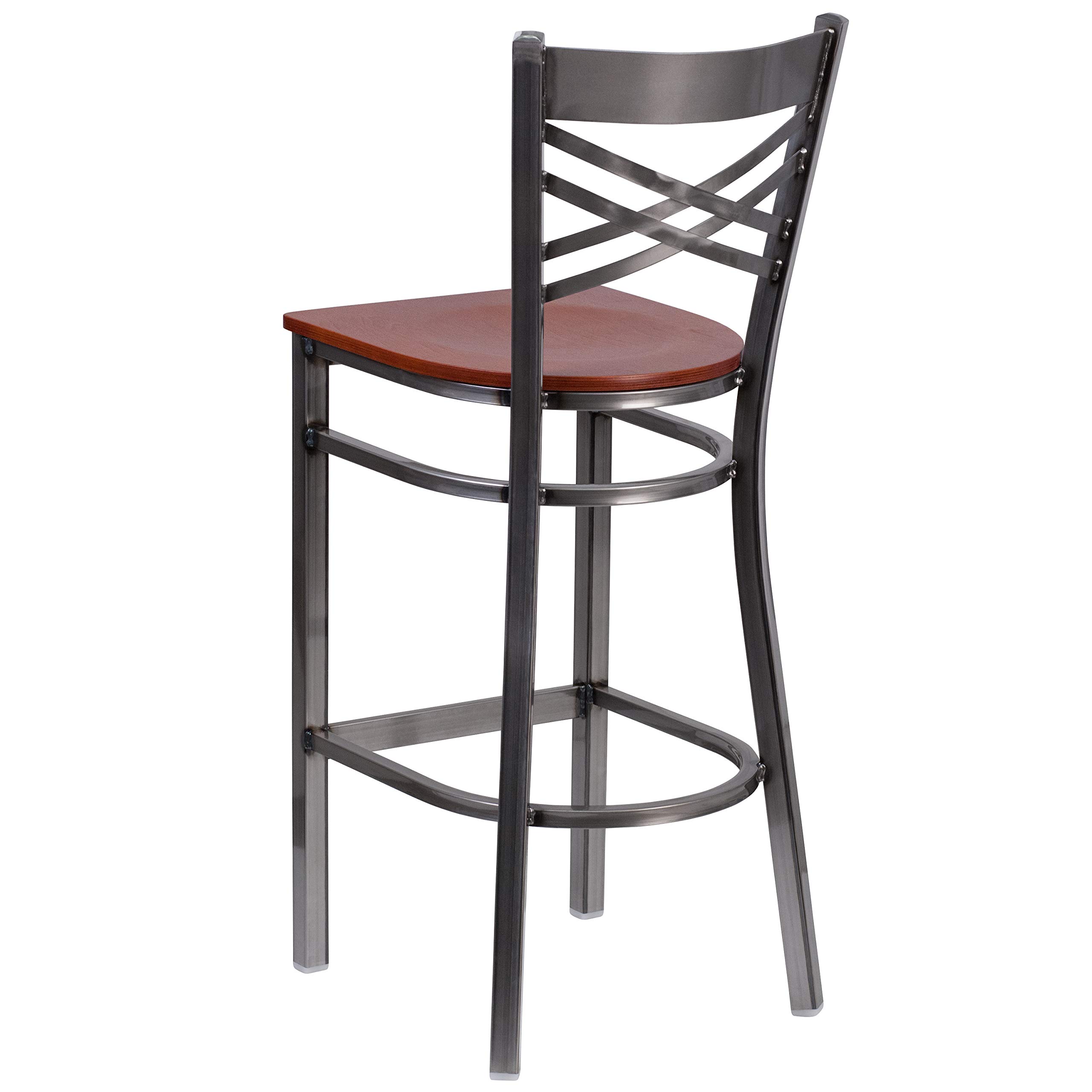 EMMA + OLIVER Clear Coated Metal X Back Bar Stool with Cherry Wood Seat - Modern Kitchen Island & Home Bar Stool for Dining & Entertaining