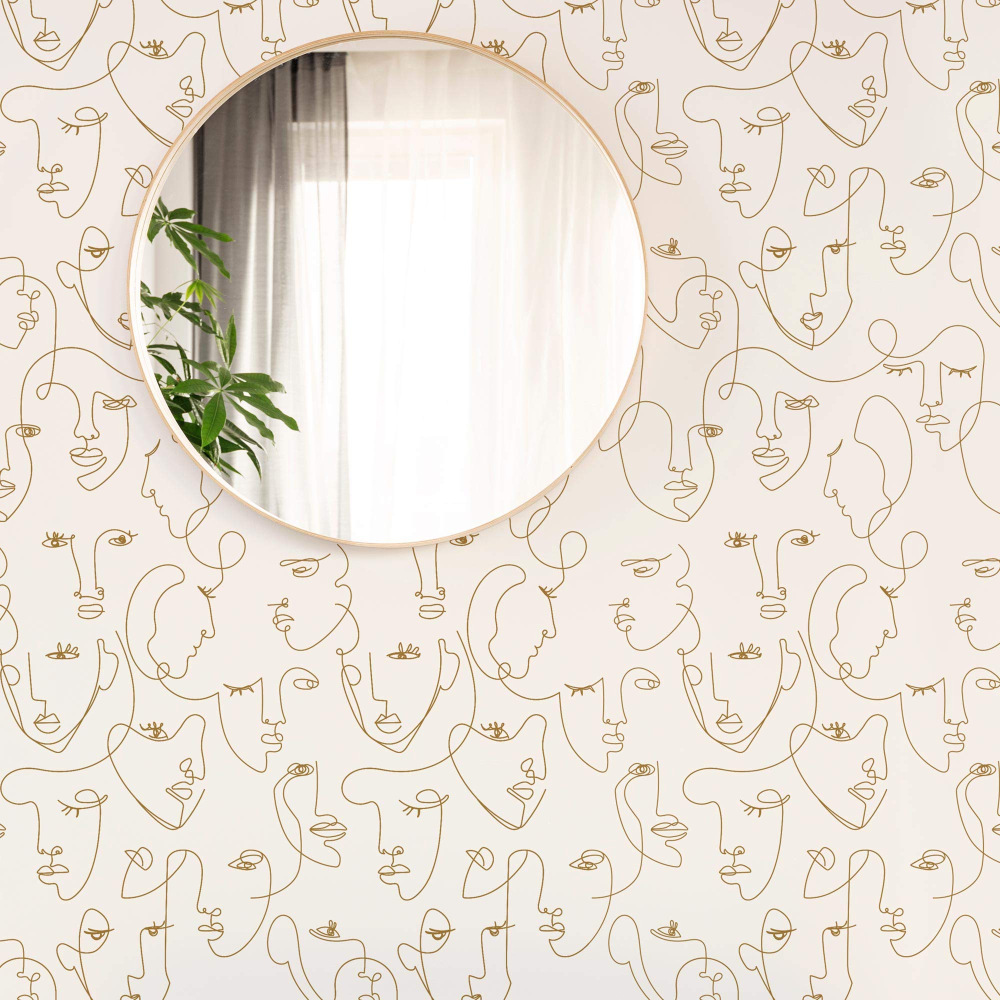 Minimalist Gold Face Line Art Wallpaper - Peel and Stick Self-Adhesive Wall Decal (2x9ft Single Sheet) for Living Room, Bedroom, Office & Home Decor