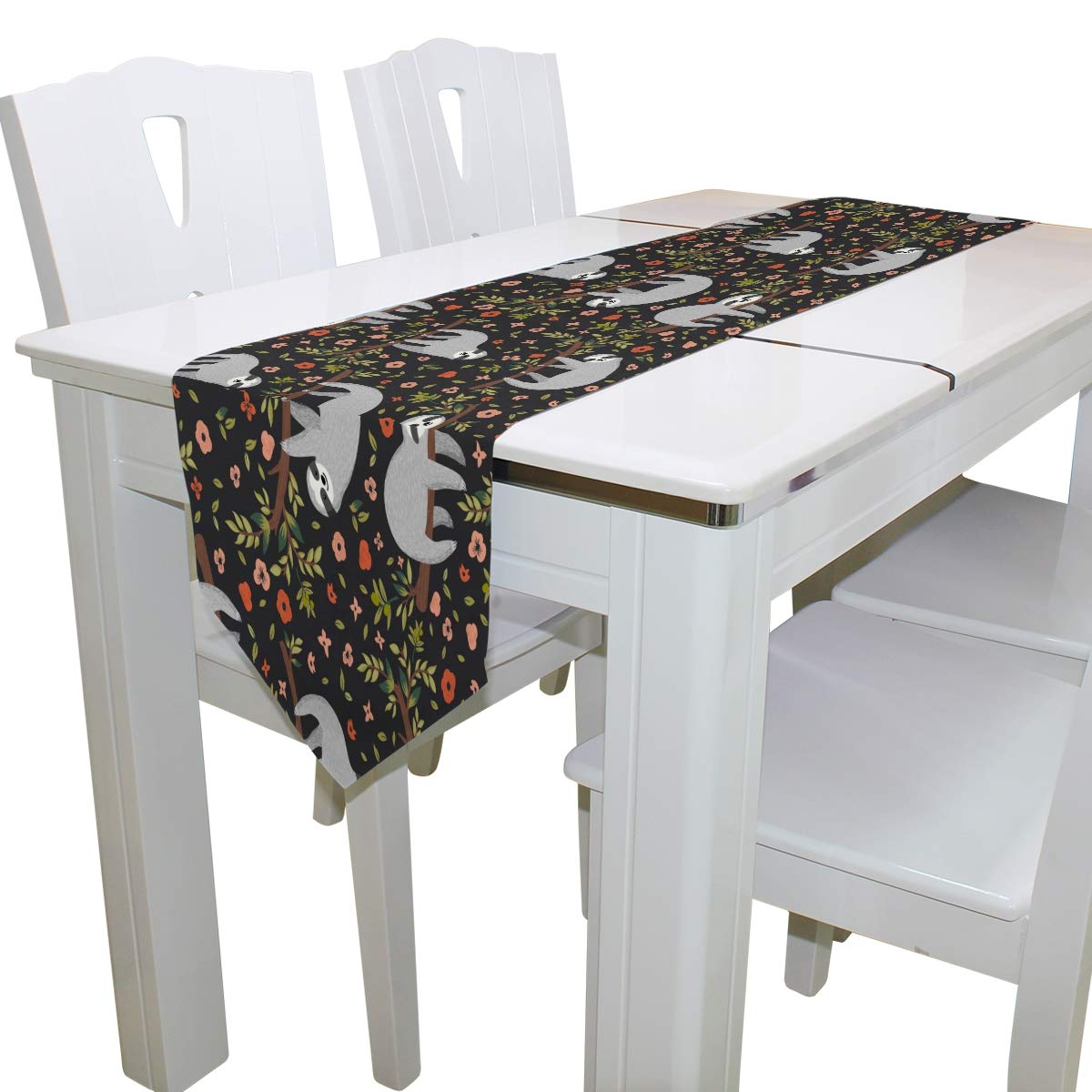 AUUXVA 13x90 Inches Long Table Runner - Cute Sloth & Floral Pattern Polyester Tablecloth for Dining Table, Kitchen, Coffee Table | Perfect for Home Decor, Parties, Banquets & Holiday Celebrations