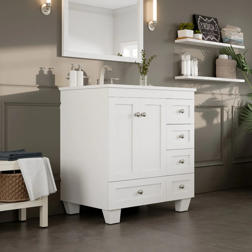 Eviva Acclaim 30 Inch Bathroom Vanity with Carrara Quartz Countertop - Modern White Bathroom Sink Cabinet for Small Spaces, Perfect for Powder Rooms and Guest Bathrooms