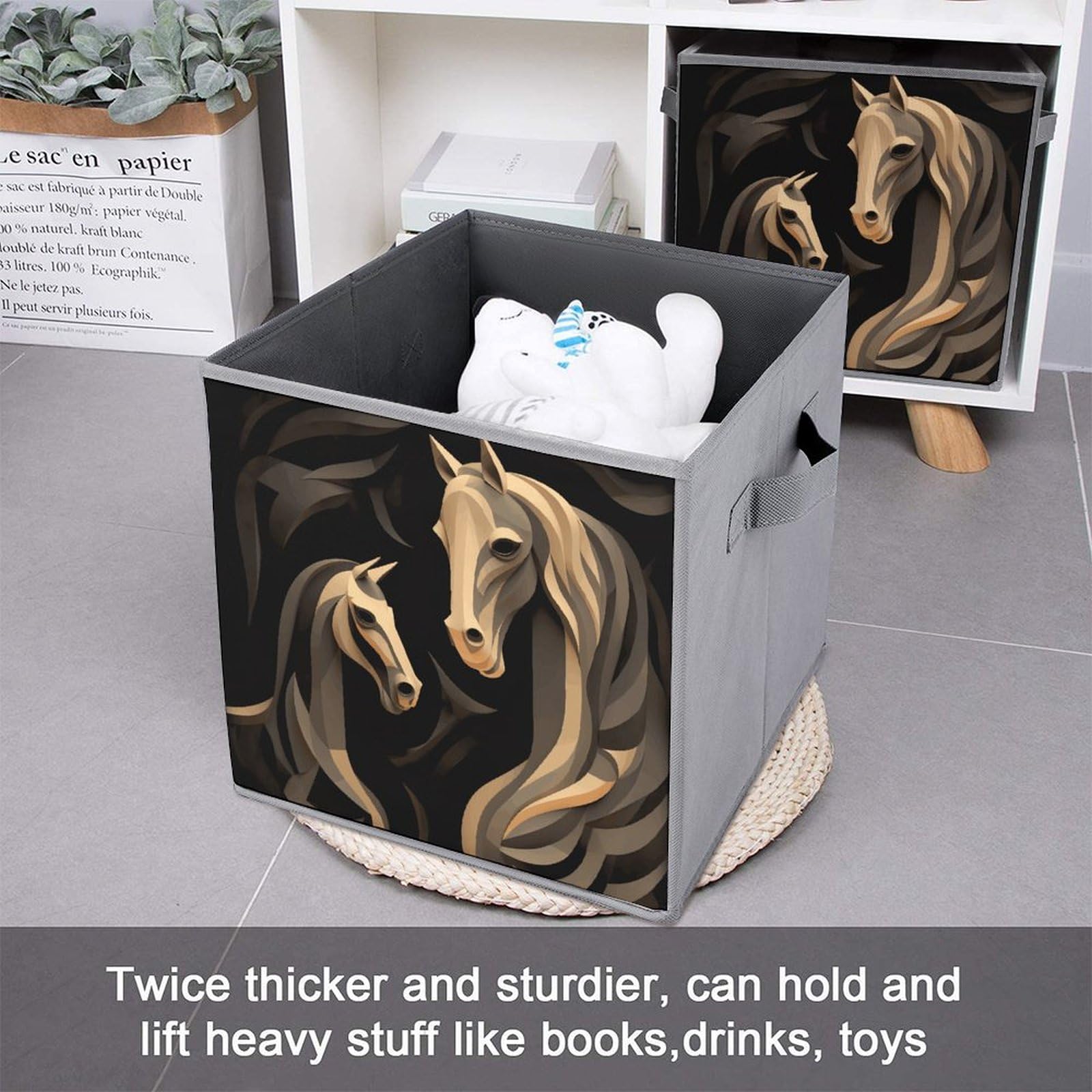 Collapsible Waterproof Storage Cube Bins with Handles - 6 Pack Organizer for Home, Closet, Office & Bedroom | Wood Carving Horse Toy Storage Box, Space-Saving Foldable Design