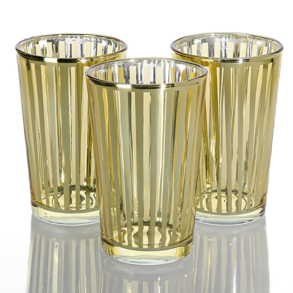 Richland Stripe Gold Metallic Glass Candle Holders - Set of 48 Large Decorative Votive Candle Holders for Weddings, Parties, Home Decor & Centerpieces
