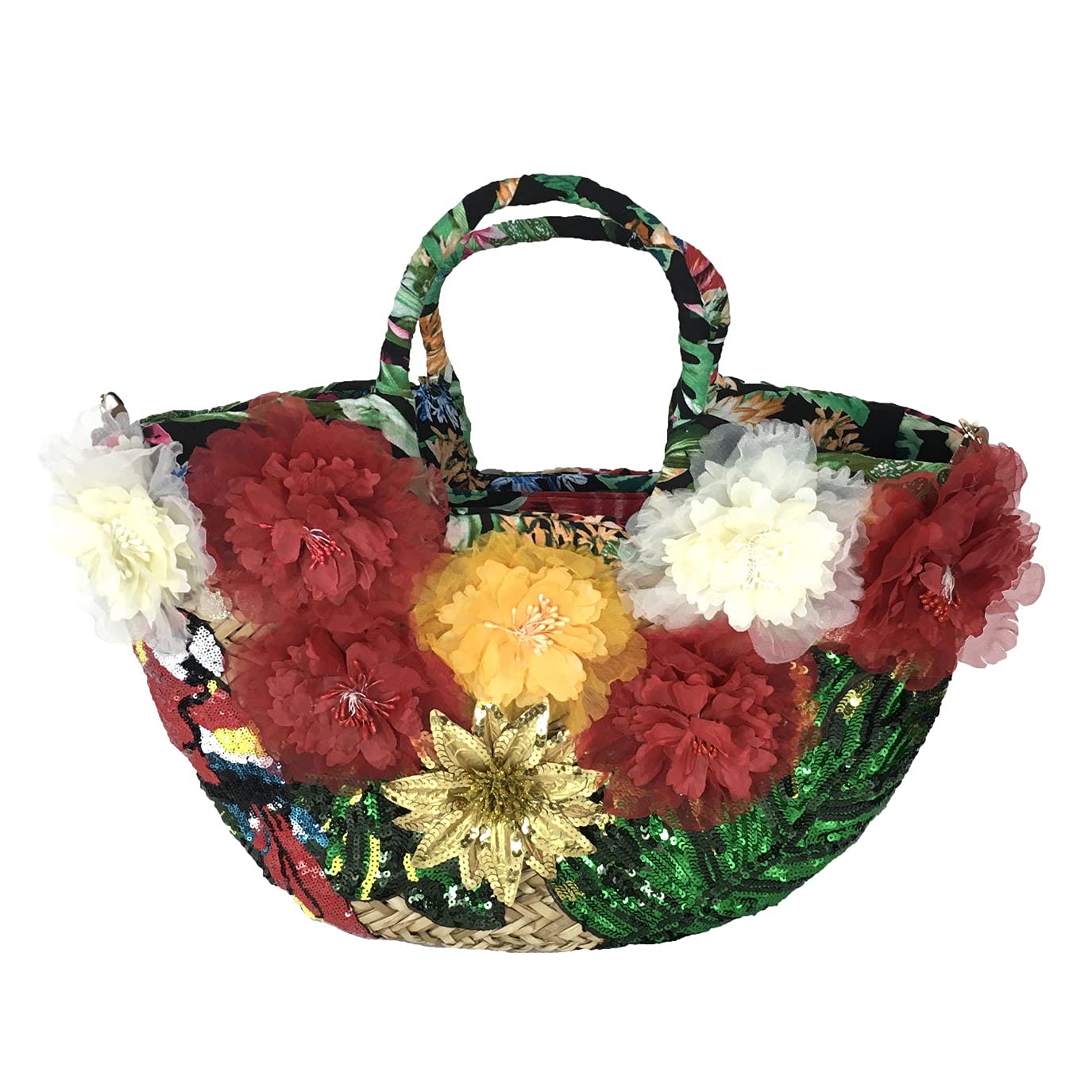 Alex Max Parrot Flowers Embellished Straw Tote Beach Bag - Colorful Woven Handbag for Women, Summer Vacation, Pool Party & Picnic Accessories