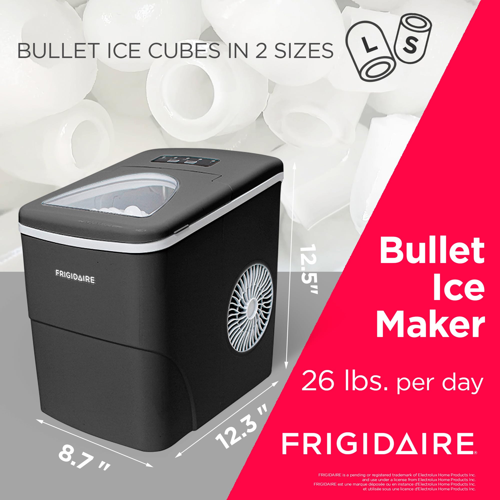 Frigidaire 26 Lbs Portable Compact Ice Maker Machine - Countertop Ice Maker for Home, Office, RV & Parties - Fast Ice Production in Black or White (Medium Size)