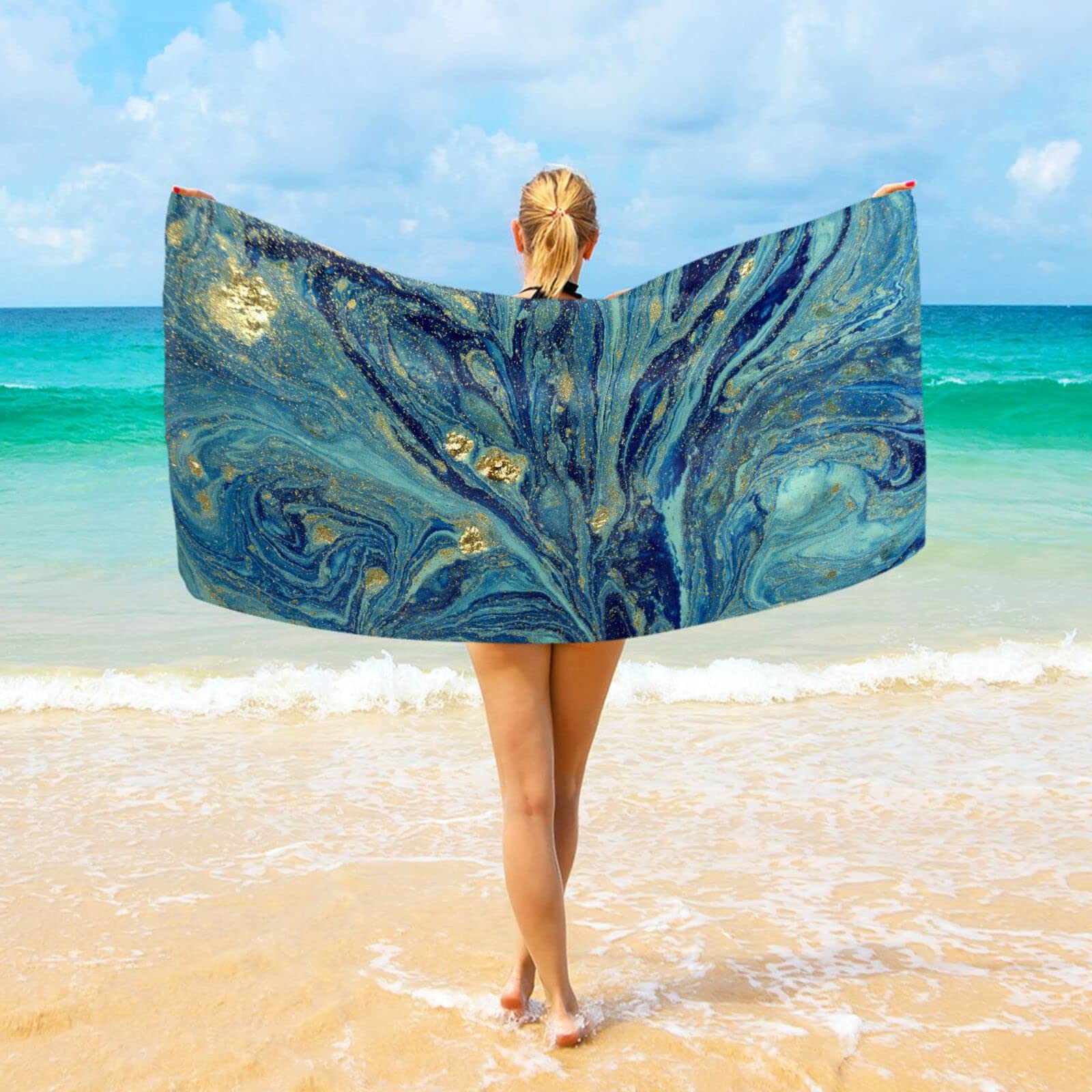 Premium Blue Marbled Beach Towels - Oversized 74x37 Inch Microfiber Towels for Adults, Quick Dry & Ultra Absorbent - Perfect for Beach, Pool, Travel & Yoga