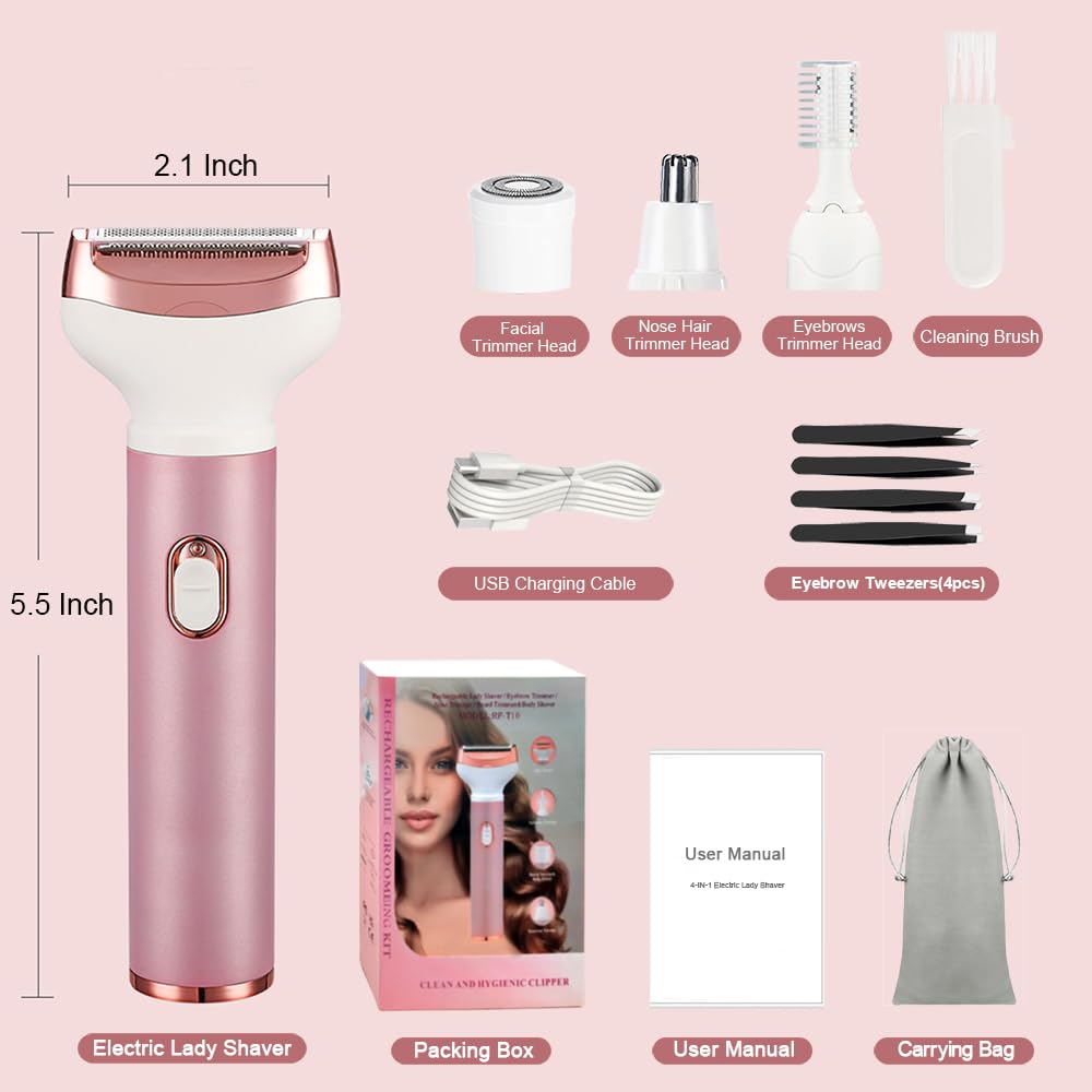 Electric Lady Shaver 4-in-1 Rechargeable Women's Shaving Kit - Bikini Trimmer, Facial Hair Remover, Eyebrow & Nose Trimmer - Wet & Dry Use with Easy Cleaning (Rose Gold) | Perfect for Travel, Gym & Daily Grooming Routine