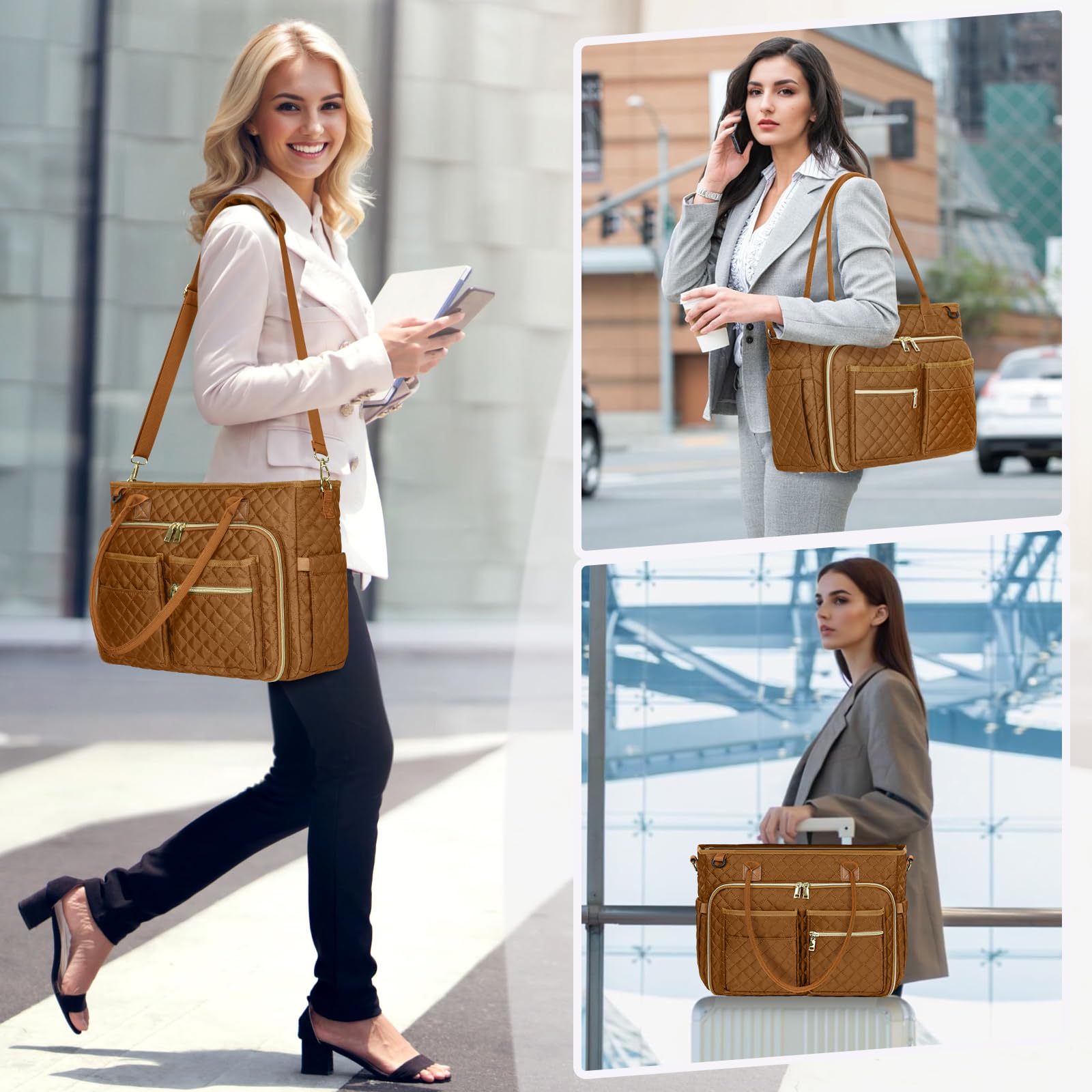 RAINSMORE Professional 15.6 Inch Laptop Tote Bag for Women - Water-Resistant Work Bag with Insulated Pocket, Teacher Nurse Messenger Briefcase for Office, College & Business - Perfect for Work Commute & Business Travel (Brown)