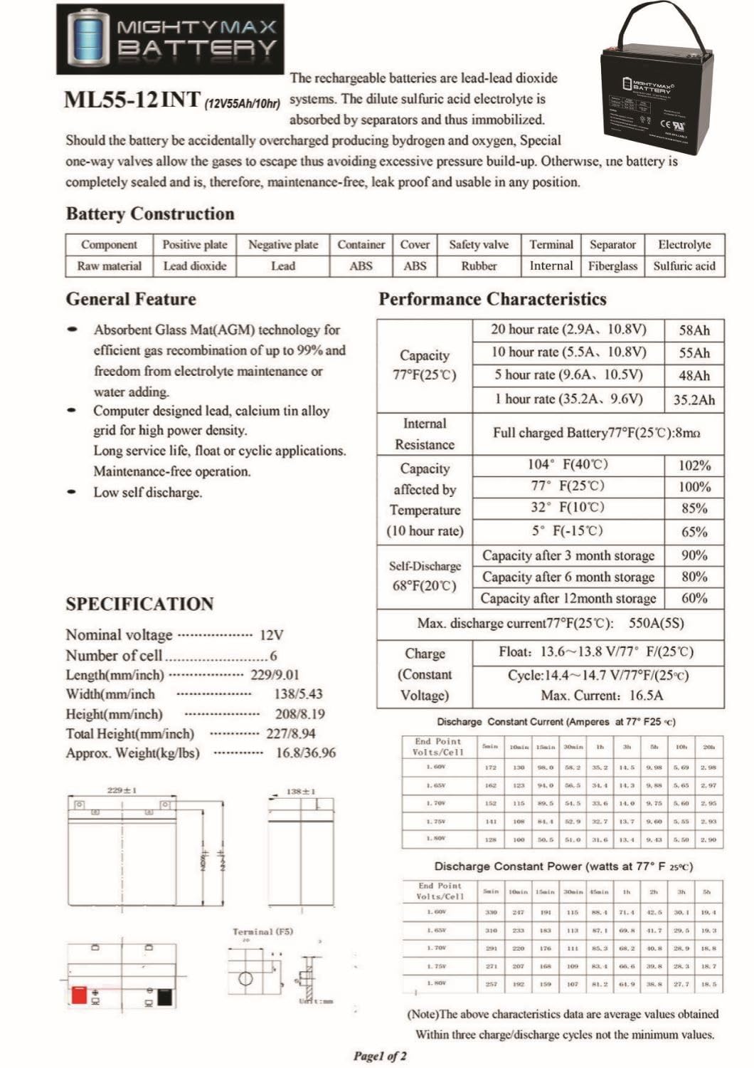 Mighty Max 12V 55AH SLA Battery with Internal Thread - Compatible with Suntech Sterling & Scoota Mobility Scooters - Perfect for Power Wheelchairs, Golf Carts, and Solar Energy Storage