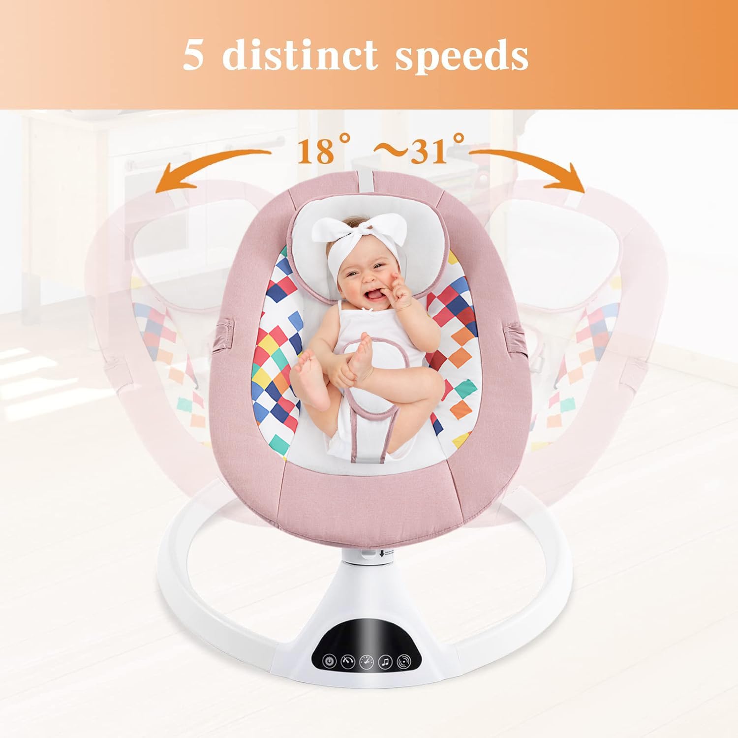 Electric Baby Swing with Bluetooth & Music - Portable Infant Bouncer for Boys & Girls - 5 Adjustable Sway Speeds - Light Pink Indoor Rocker - Perfect for Nursery, Playtime & Soothing Fussy Babies