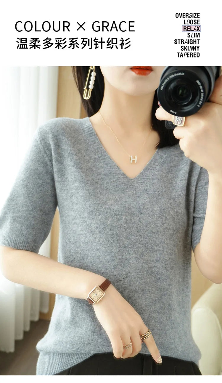 Solid Color V-Neck Half-Sleeve Cashmere Sweater for Women - Soft Thin Knit Casual Top for Office Wear & Fall Layering