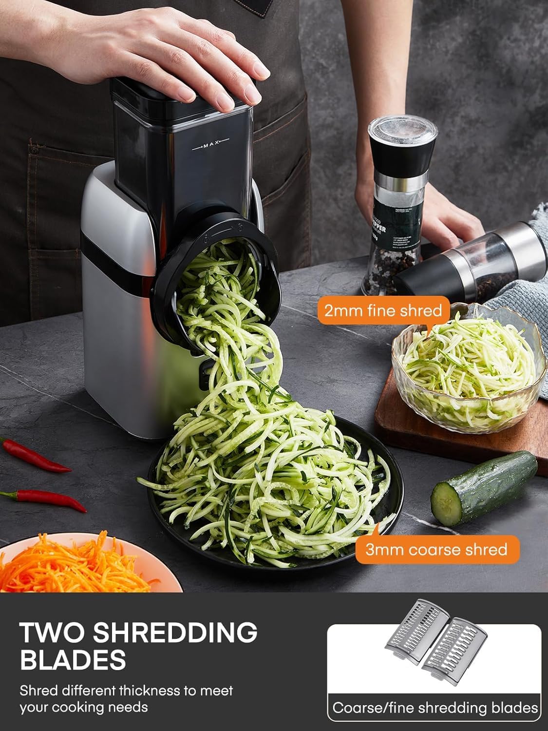 FOHERE Electric Cheese Grater - 5-in-1 Multi-Function Food Processor with Large Feed Chute, Replaceable Blades & Storage Box - Perfect for Shredding Cheese, Vegetables, Potatoes, Nuts & More - Ideal for Kitchen, Cooking, Meal Prep & Party Platters