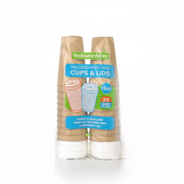 16 oz Kraft Paper Coffee Cups with White Lids - Eco-Friendly Ripple Wall Design (3.5