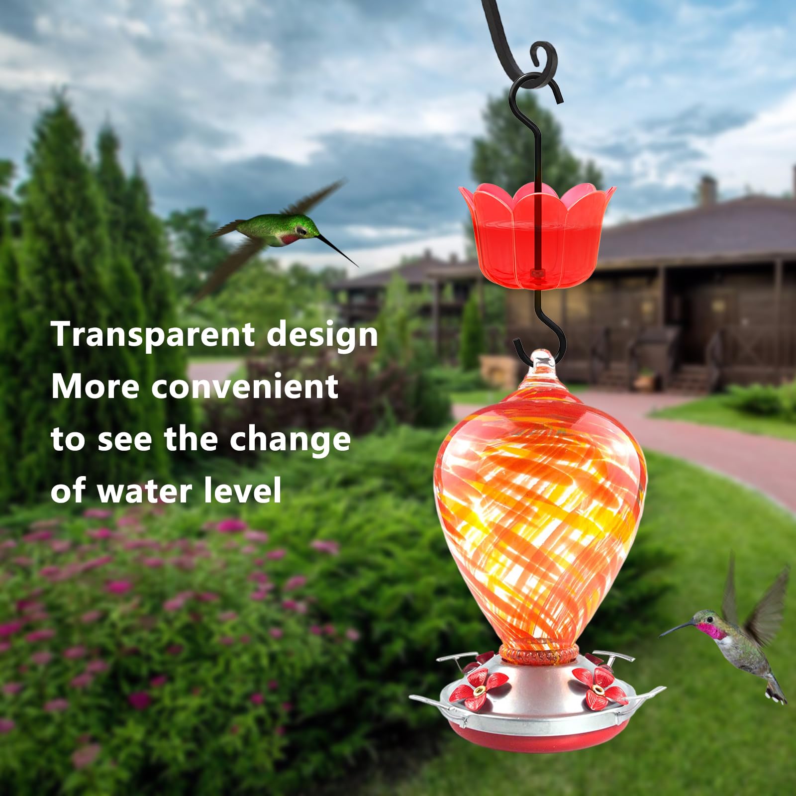 6 OZ x 2 Ant Moat for Hummingbird Feeders - Red Flower Ant Guard with 2 Rustproof S Hooks & Cleaning Brushes | Durable Plastic & Metal Hummingbird Feeder Accessories | Perfect for Outdoor Bird Watching & Garden Decoration