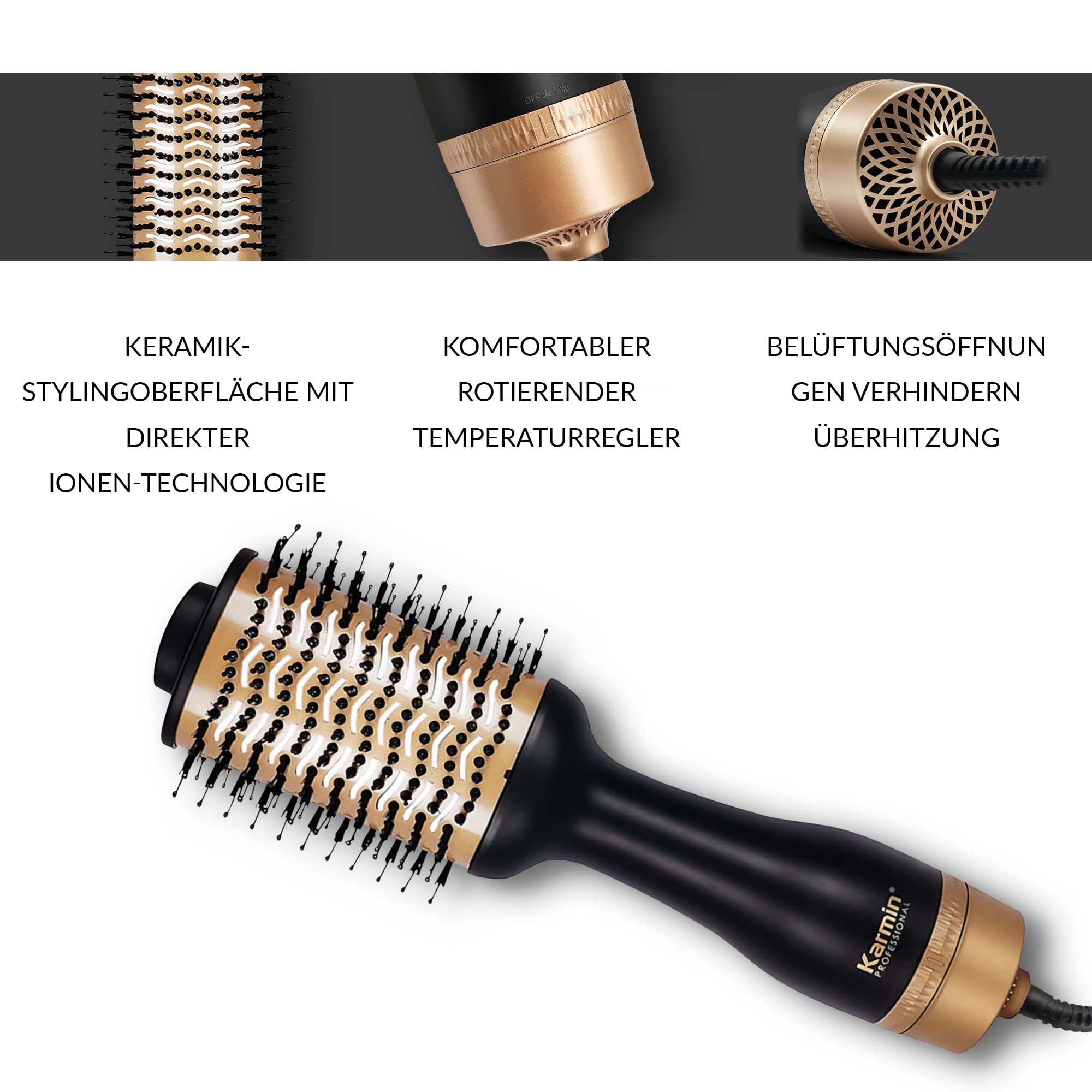 KARMIN Salon Pro Ionic Hair Dryer Brush - Round Blowout & Styler with Ceramic & Negative Ion Technology, Ultra-Light Volumizing Hair Styling Tool, 3 Heat & 2 Speed Settings (Black) - Perfect for Home Use, Travel & Salon-Quality Blowouts