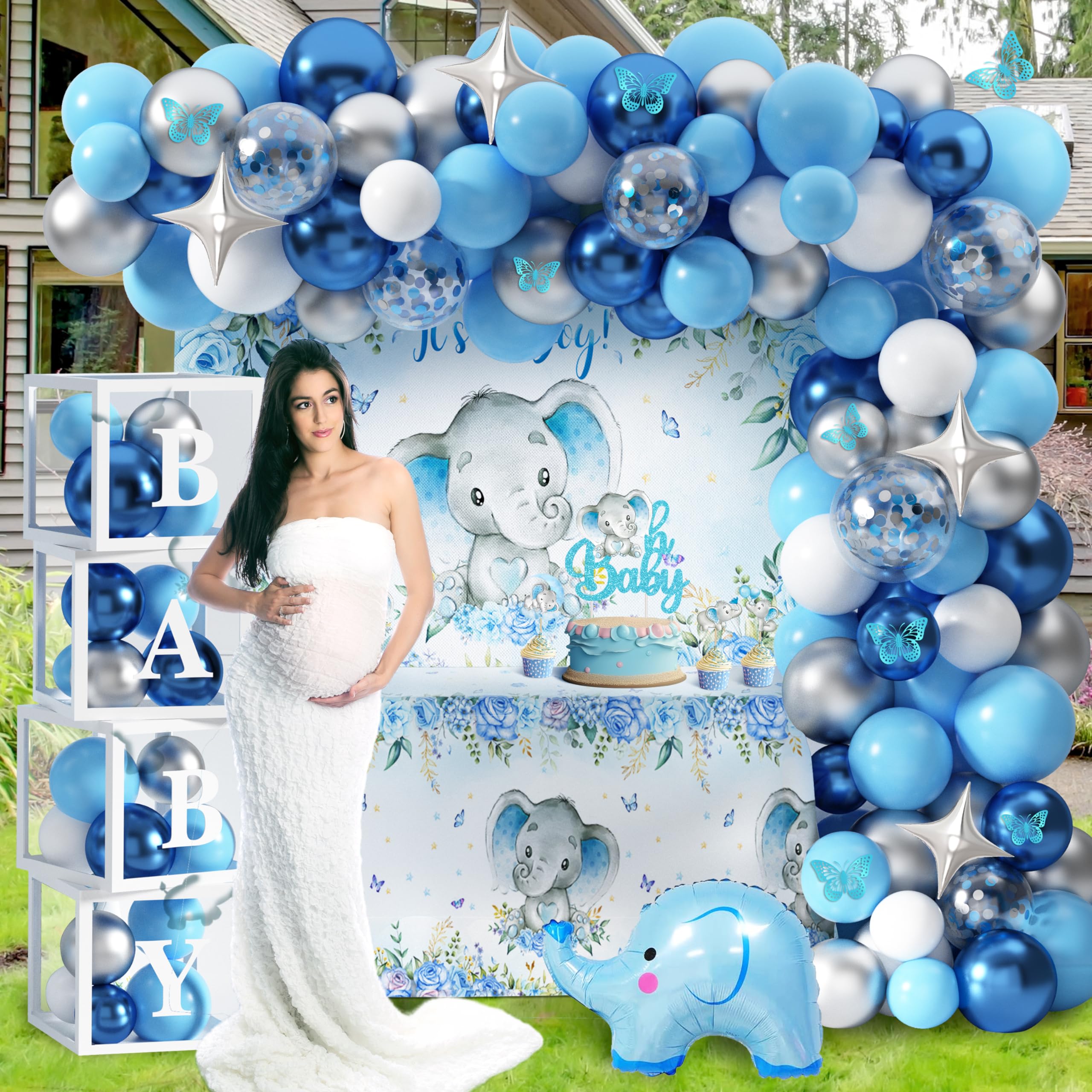Adorable Elephant Baby Shower Decorations for Boys - Elephant Theme Birthday Party Supplies with Balloon Garland, Backdrop, Tablecloth & Cake Toppers | Perfect for Baby Shower, Gender Reveal & Nursery Decor