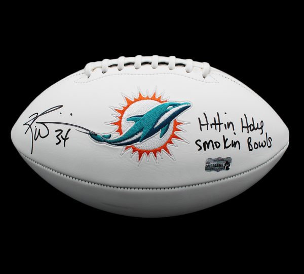 Authentic Ricky Williams Signed Miami Dolphins Embroidered White NFL Football with 'Hitting Holes Smoking Bowls' Inscription - Collectible Sports Memorabilia for Fans & Display
