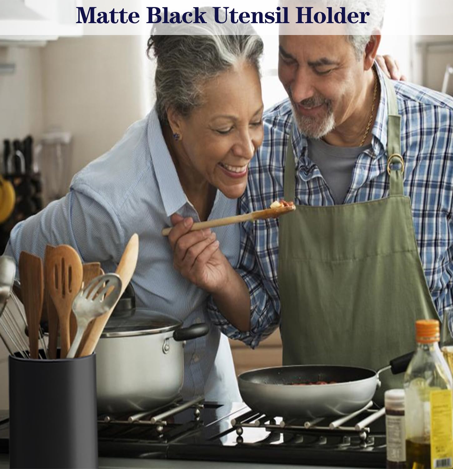 Black Matte Ceramic Utensil Holder for Kitchen Counter - 4.4x6.3 Inch Modern Cooking Tool Organizer | Spatula & Spoon Storage | Easy Clean Countertop Crock - Perfect for Stovetop, Baking & Meal Prep