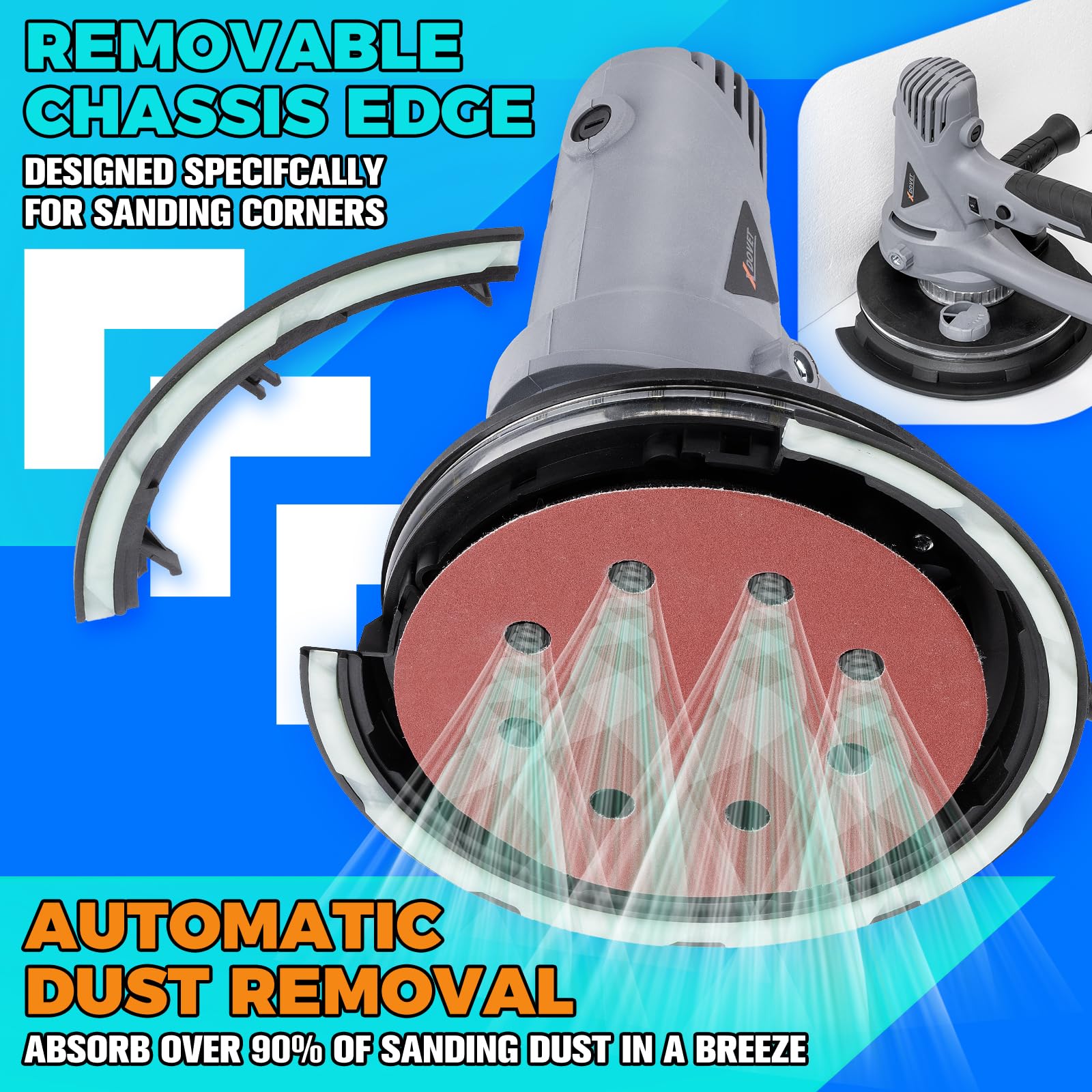 XDOVET 7 Inch Electric Drywall Sander - 710W Powerful Handheld Sander with Vacuum Dust Collector, 6 Variable Speed (1200-2500 RPM), Includes 20 Sanding Discs - Perfect for Drywall Repair, Home Renovation & Professional Construction Projects