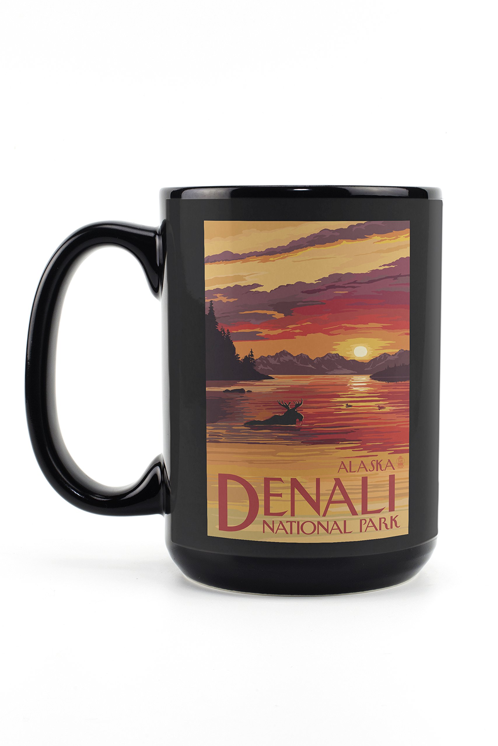 15oz Black Ceramic Coffee Mug - Denali National Park Alaska Moose Sunset Design - Microwave & Dishwasher Safe - Perfect for Home, Office & Camping Use