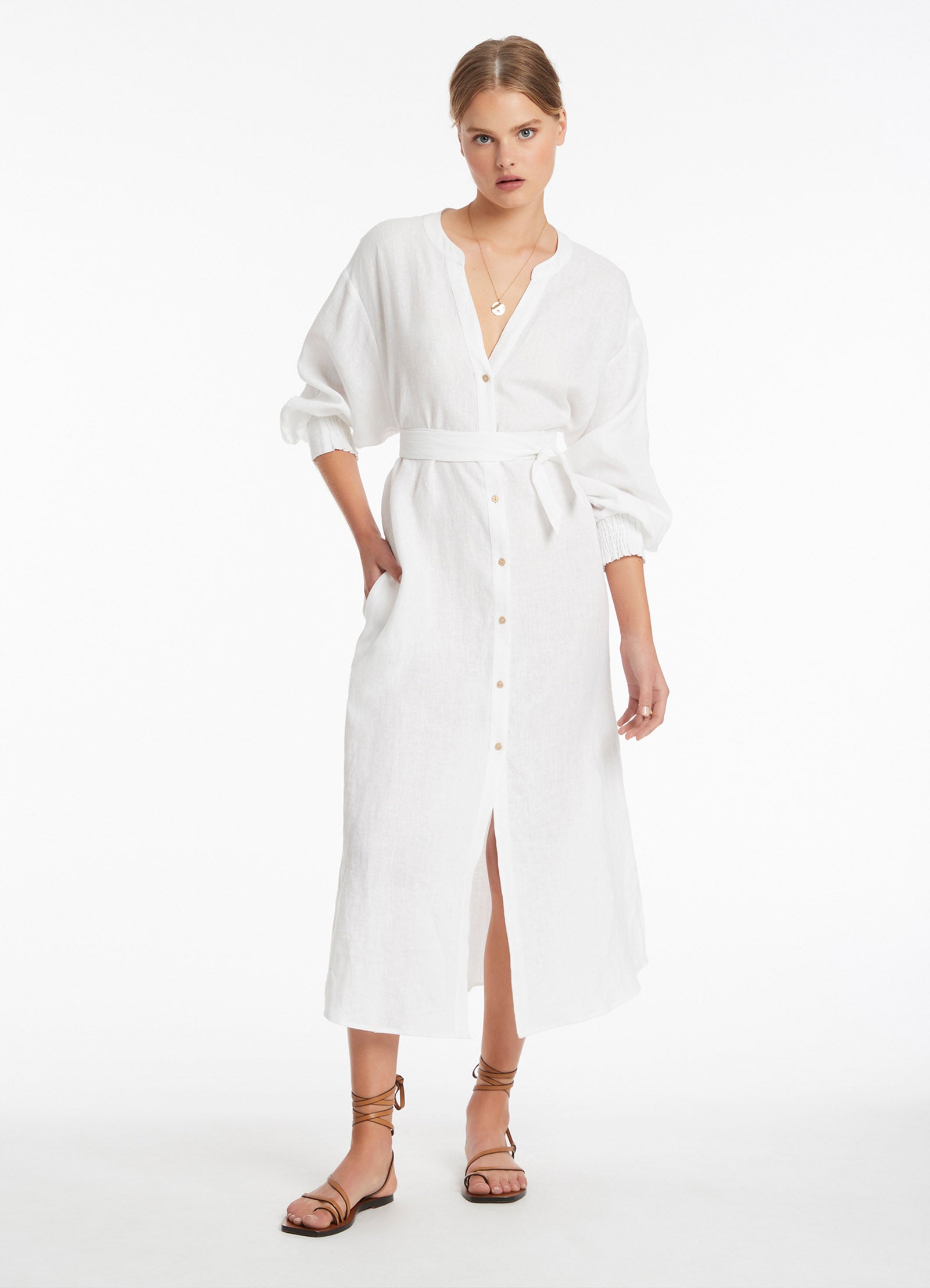 Jetset Shirred Cuff Shirt Dress in White | Women's Casual Summer Dress for Work, Travel & Date Night