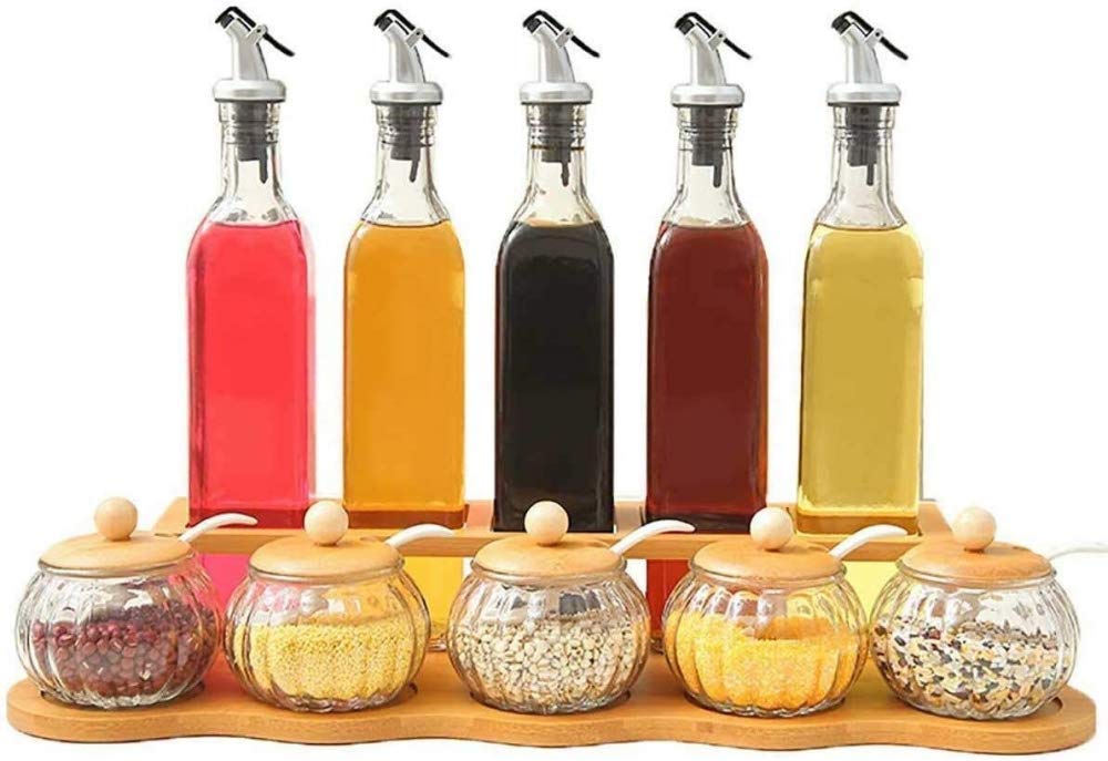 10-Piece Glass Spice Jar Set with Bamboo Wood Storage Rack - Vinegar & Oil Cruet Bottles with Spoon - Perfect for Kitchen Pantry Organization & Seasoning Display