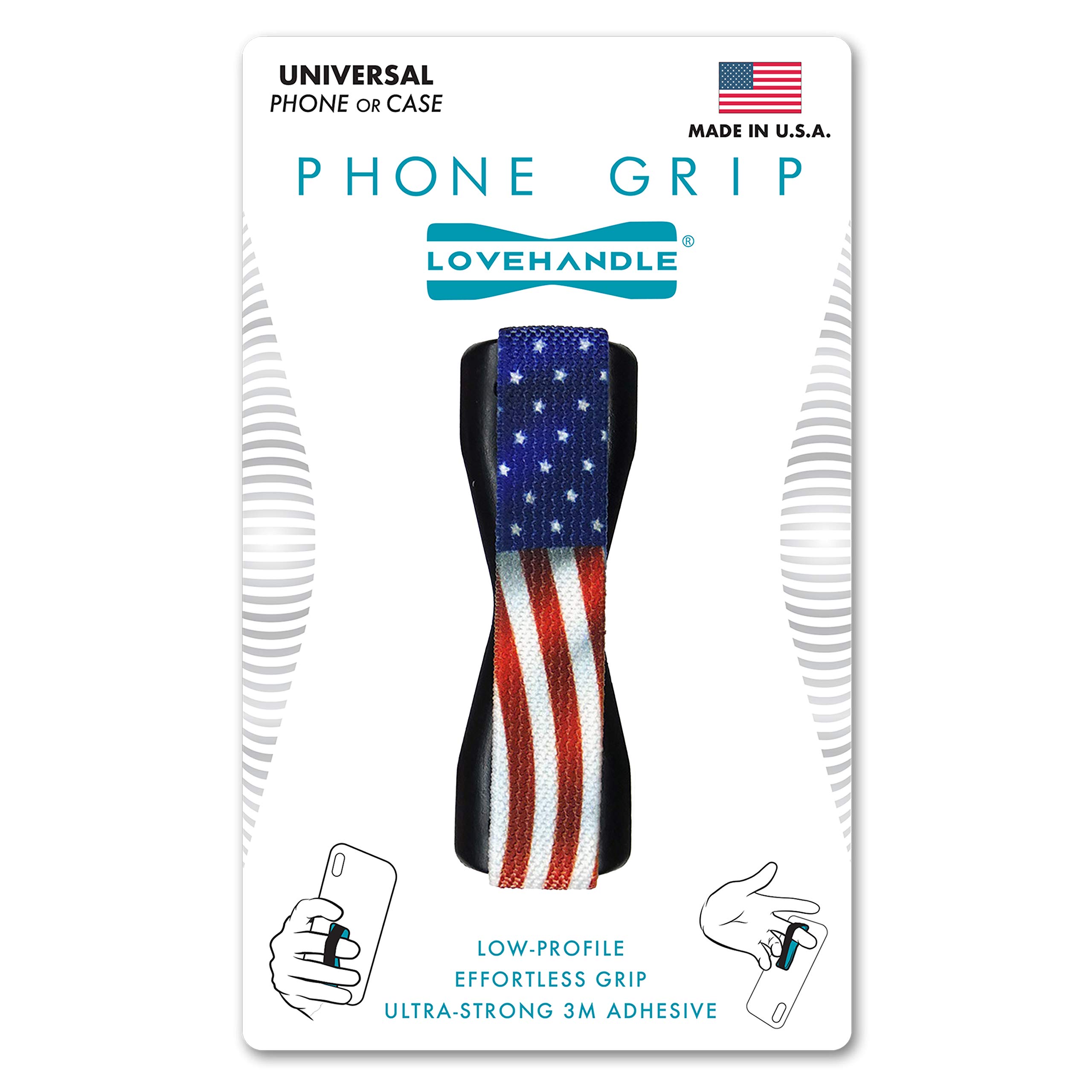 LoveHandle Phone Grip for iPhone & Android - American Flag Design with Elastic Strap & Black Base (LH-01) - Perfect for One-Hand Use, Gym, Travel & Daily Activities