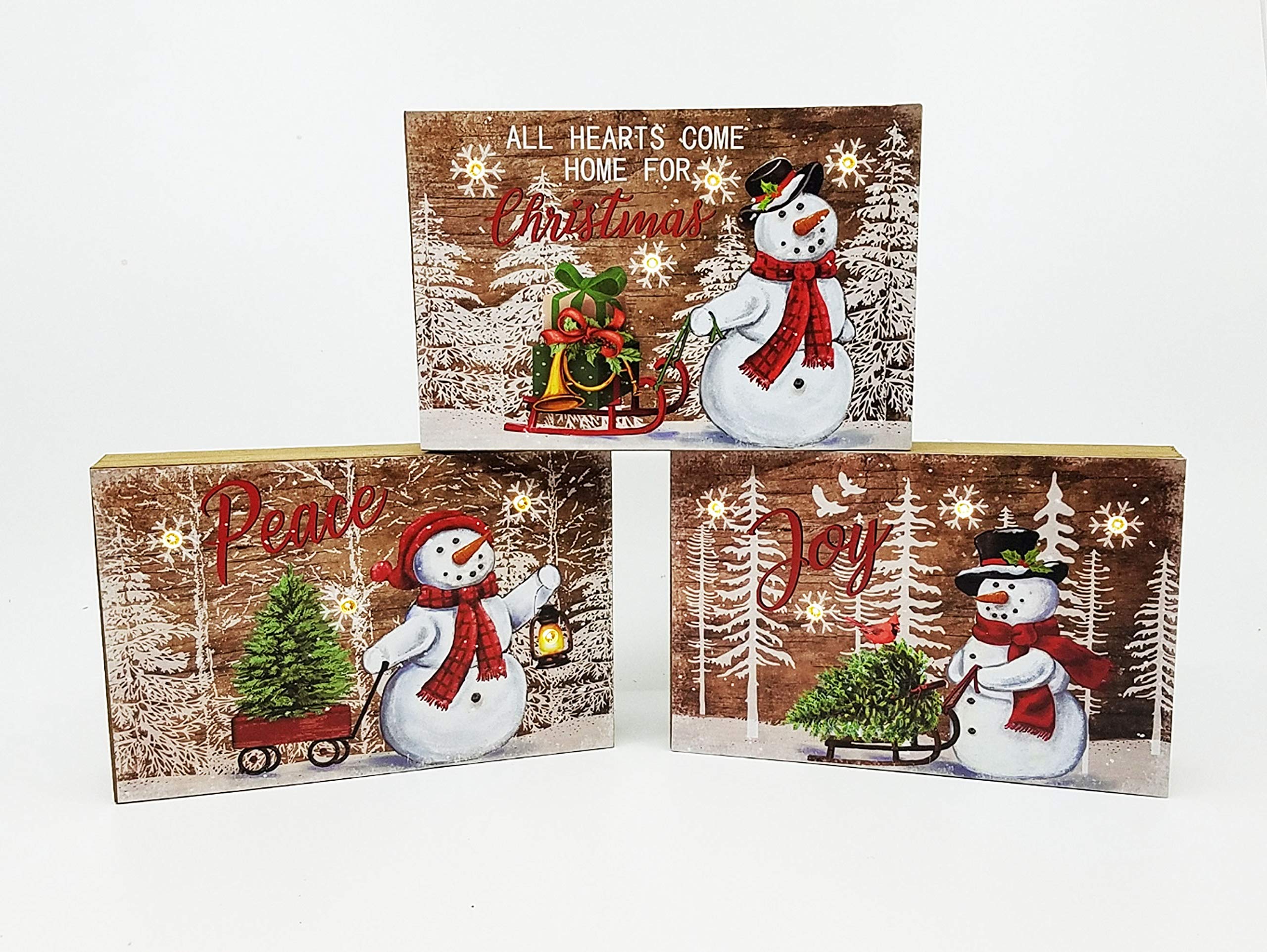 SeasonsEasy LED Lighted Snowflakes Snowman Sleds Wooden Block Plaques with Auto Timer - Set of 3 Christmas Decorations for Home, Yard, and Holiday Party Decor