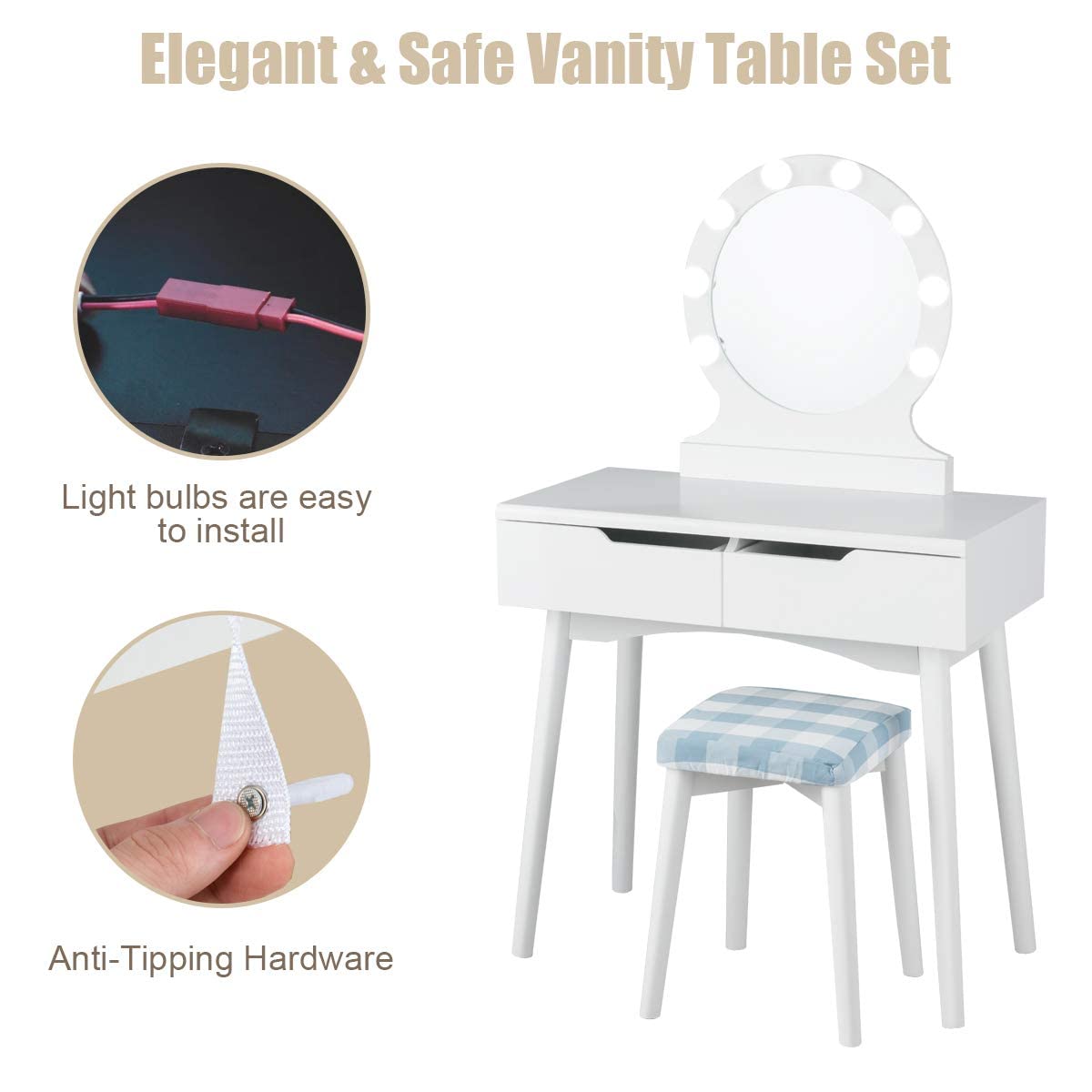 Giantex White Vanity Set with Round Lighted Mirror - Adjustable Brightness Makeup Dressing Table with 8 LED Bulbs, Cushioned Stool & 2 Sliding Drawers | Perfect for Bedroom, Dorm Room & Bridal Makeup Station