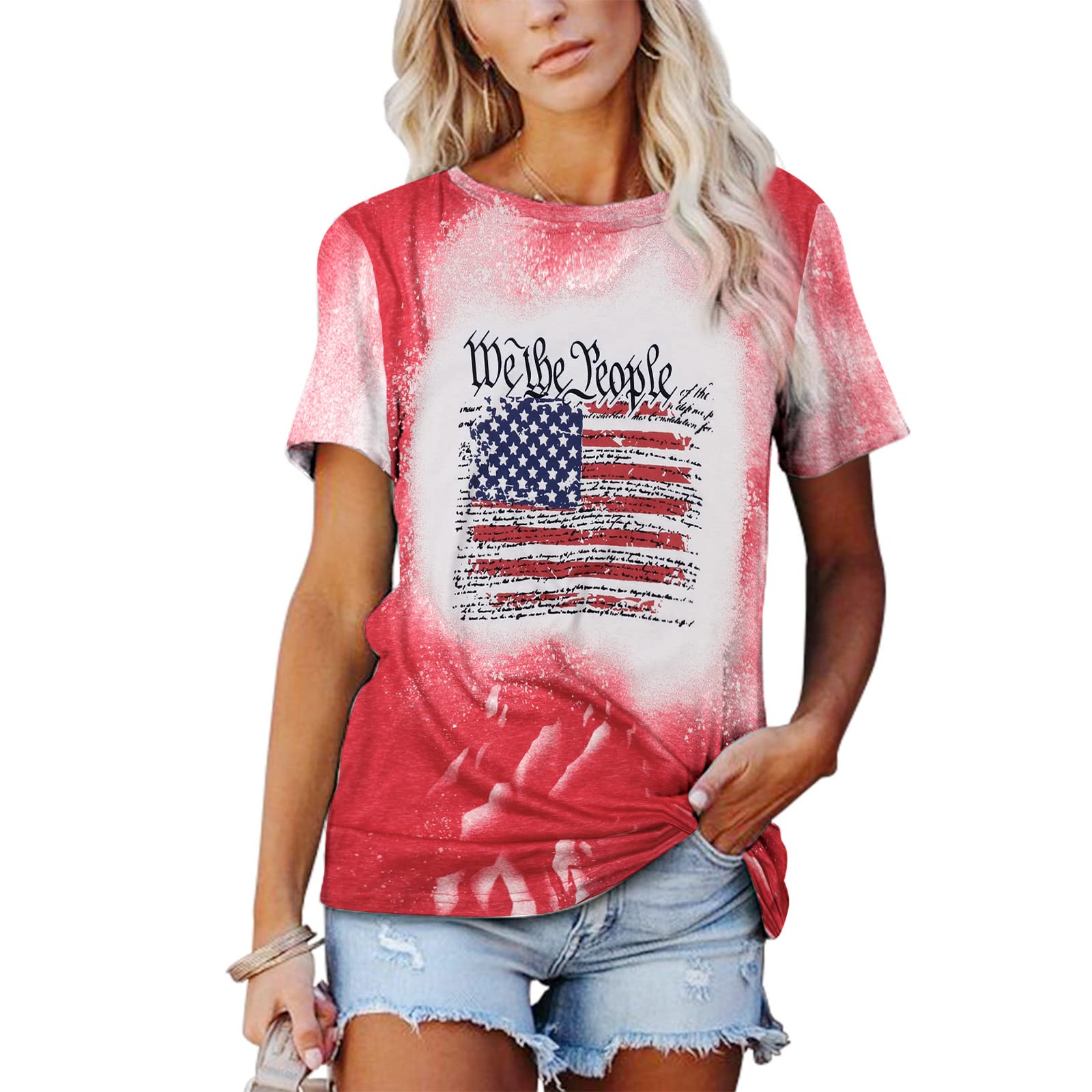 We The People Patriotic T-Shirt for Women - American Flag Graphic Bleached Shirt, 4th of July Independence Day Outfit - Perfect for BBQ Parties, Parades & Patriotic Events