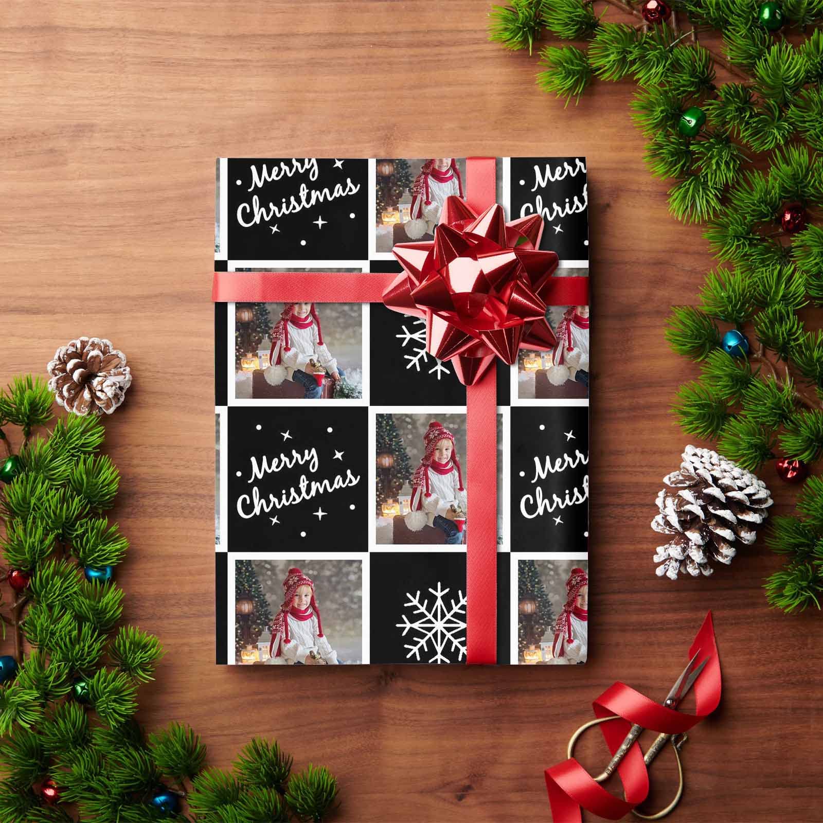 MyPupSocks Custom Photo Wrapping Paper - Personalized Christmas Snowflake Black Gift Wrap Roll (58x23 inches) for Kids, Boys & Girls - Birthday, Anniversary & Holiday Gift Wrapping - 3 Rolls - Perfect for Christmas Presents, Birthday Gifts & Special Occasions