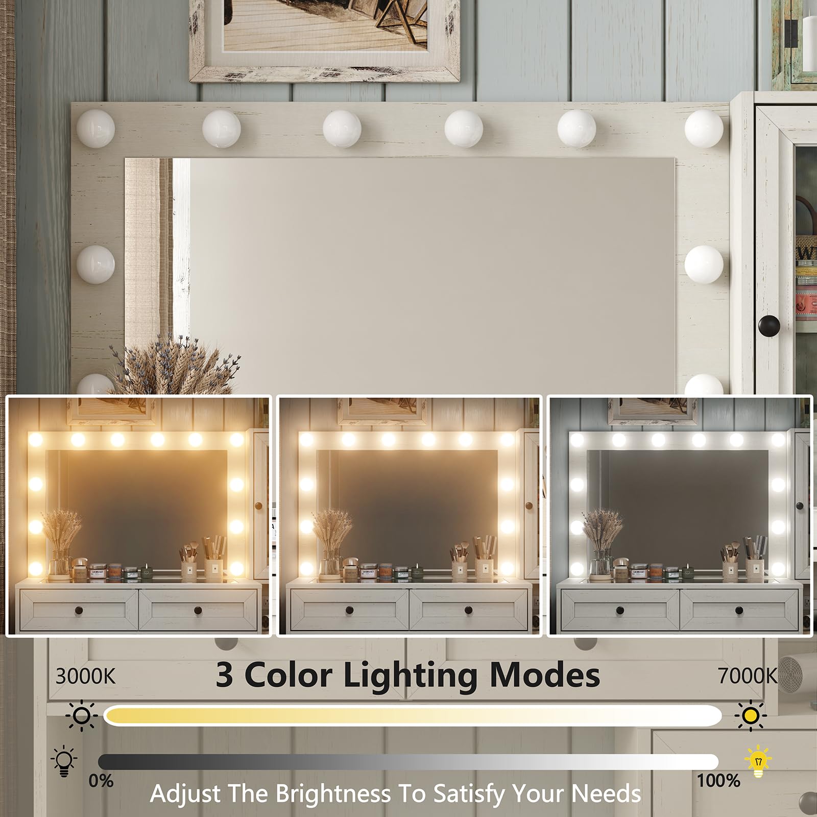 Farmhouse Vanity Mirror with LED Lights - Large Makeup Dressing Table Set with Glass Top, Built-in Charging Station & Power Outlet, 3 Adjustable Lighting Modes - Perfect for Bedroom, Bathroom or Dressing Room (White)