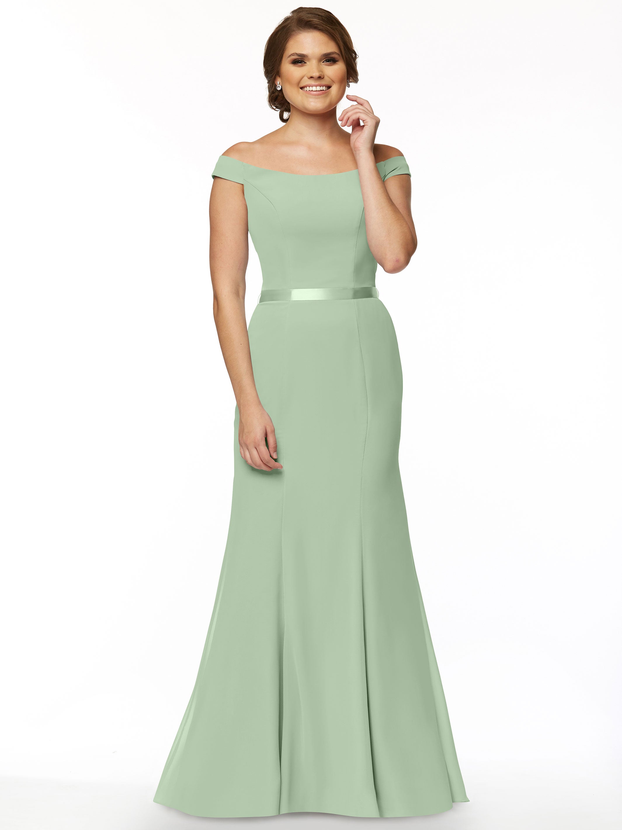 Elegant Off-The-Shoulder Chiffon Bridesmaid Dress with Ribbon Belt - Flowy Fit & Flare Design for Weddings, Parties & Special Occasions | Style #80079