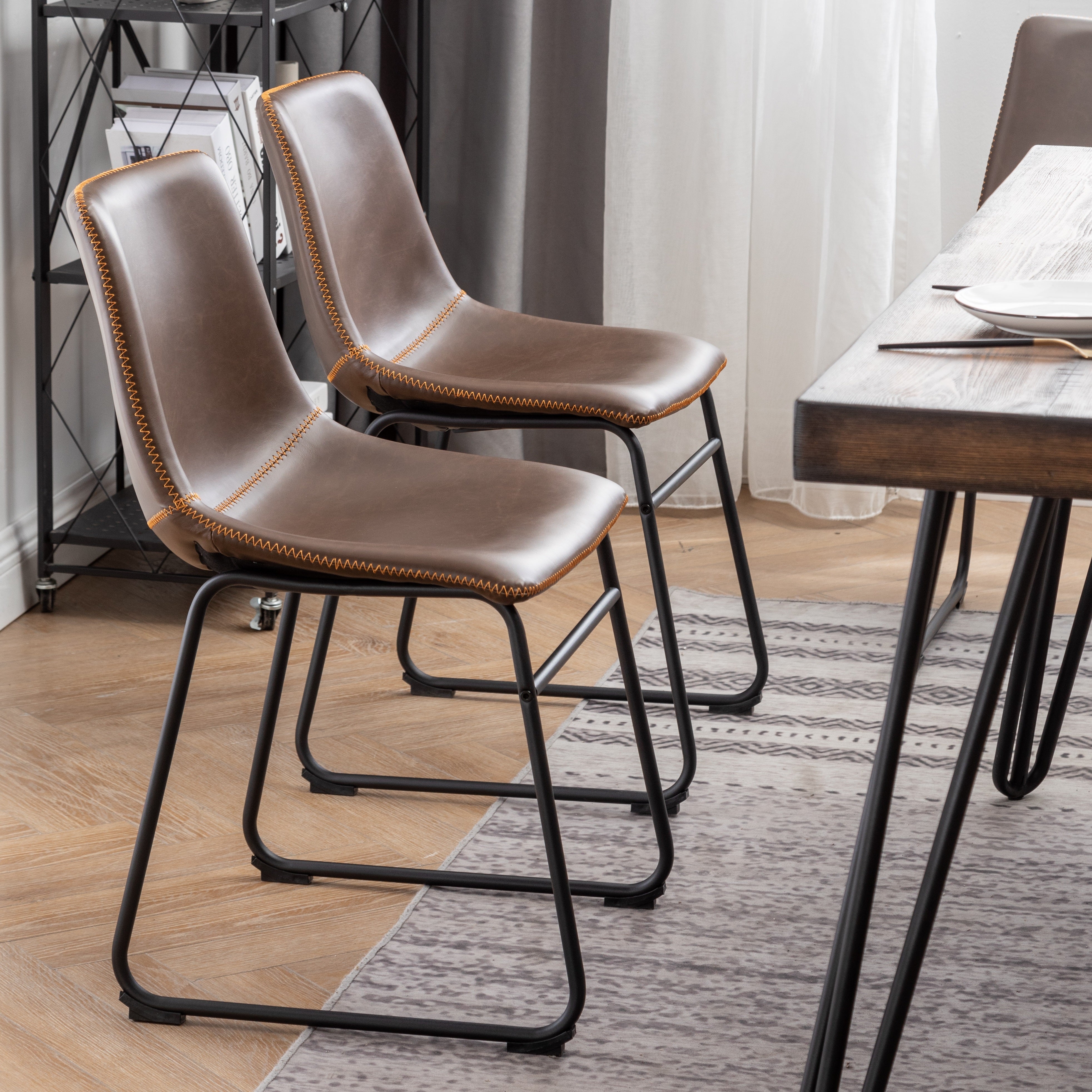 Roundhill Furniture Aryven 7-Piece Industrial Dining Set - Rustic Dark Pine Table & 6 Antique Brown Faux Leather Chairs for Farmhouse Kitchen & Dining Room Decor