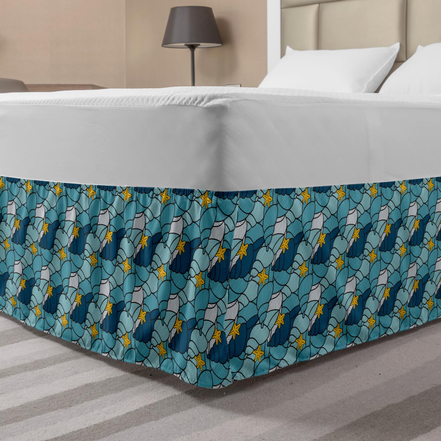 Ambesonne Nautical Elastic Bed Skirt - Seashells and Starfish Pattern Wrap Around Dust Ruffle for King Size Beds, Sea Blue & Earth Yellow | Perfect for Coastal Themed Bedrooms, Guest Rooms & Beach House Decor