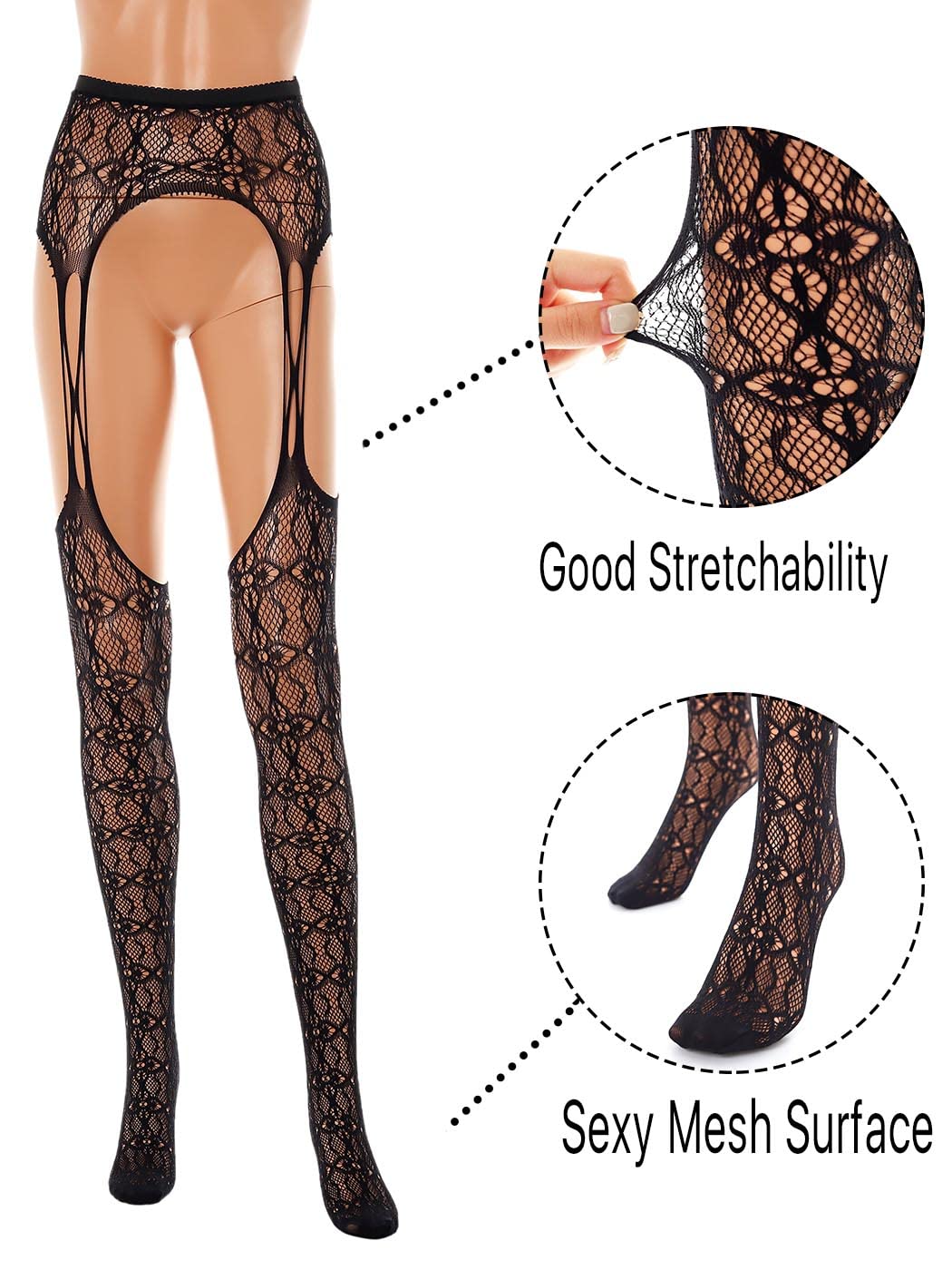 Sexy Black Fishnet Stockings for Women - High Waist Suspender Pantyhose with Lace Trim | Perfect for Cosplay, Halloween, Burlesque & Night Out