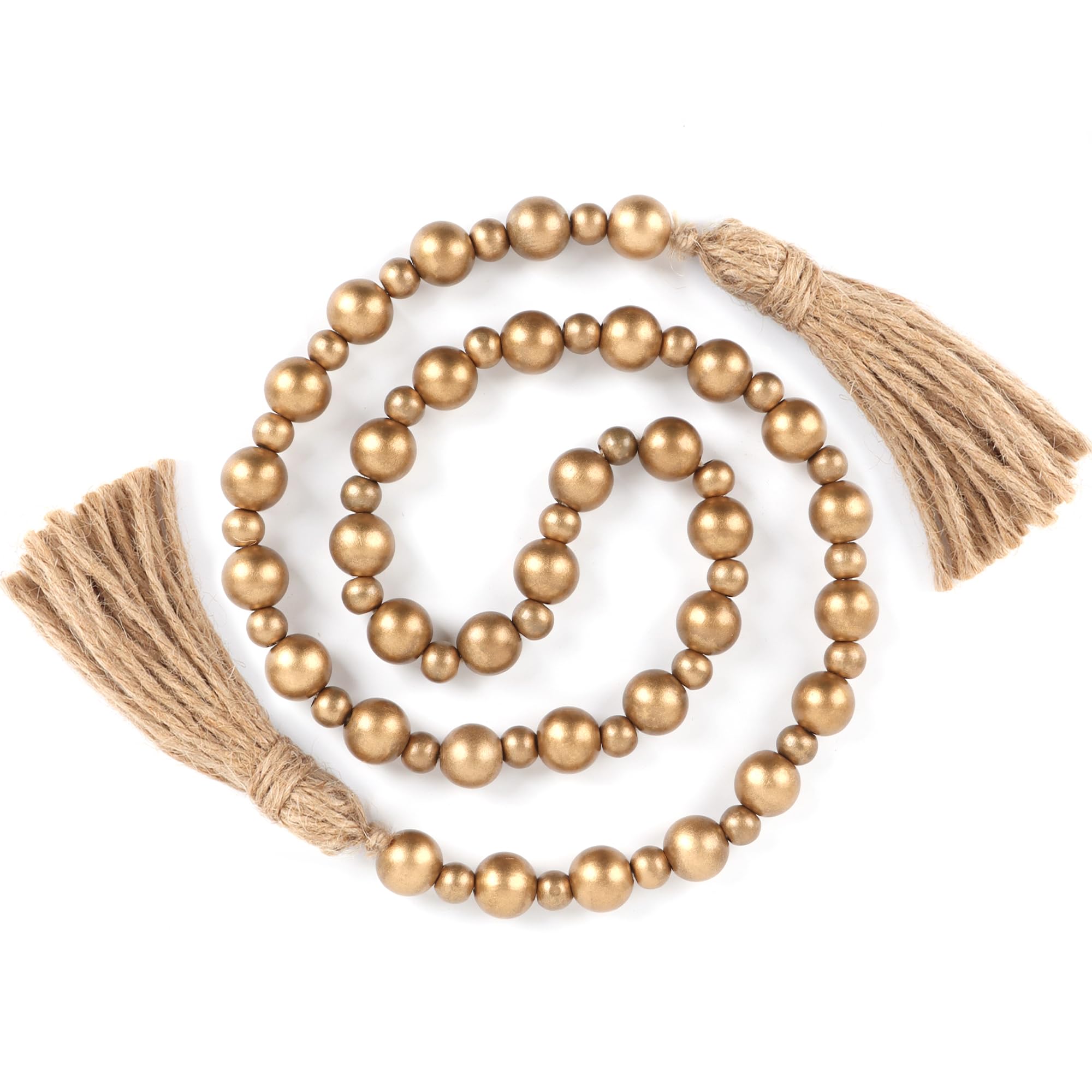 Yagoo Wood Bead Garland with Tassels - Rustic Farmhouse Decor, Boho Prayer Beads for Wall Hanging, Shelf Styling & Home Decoration (Gold) | Perfect for Living Room, Bedroom & Wedding Decor