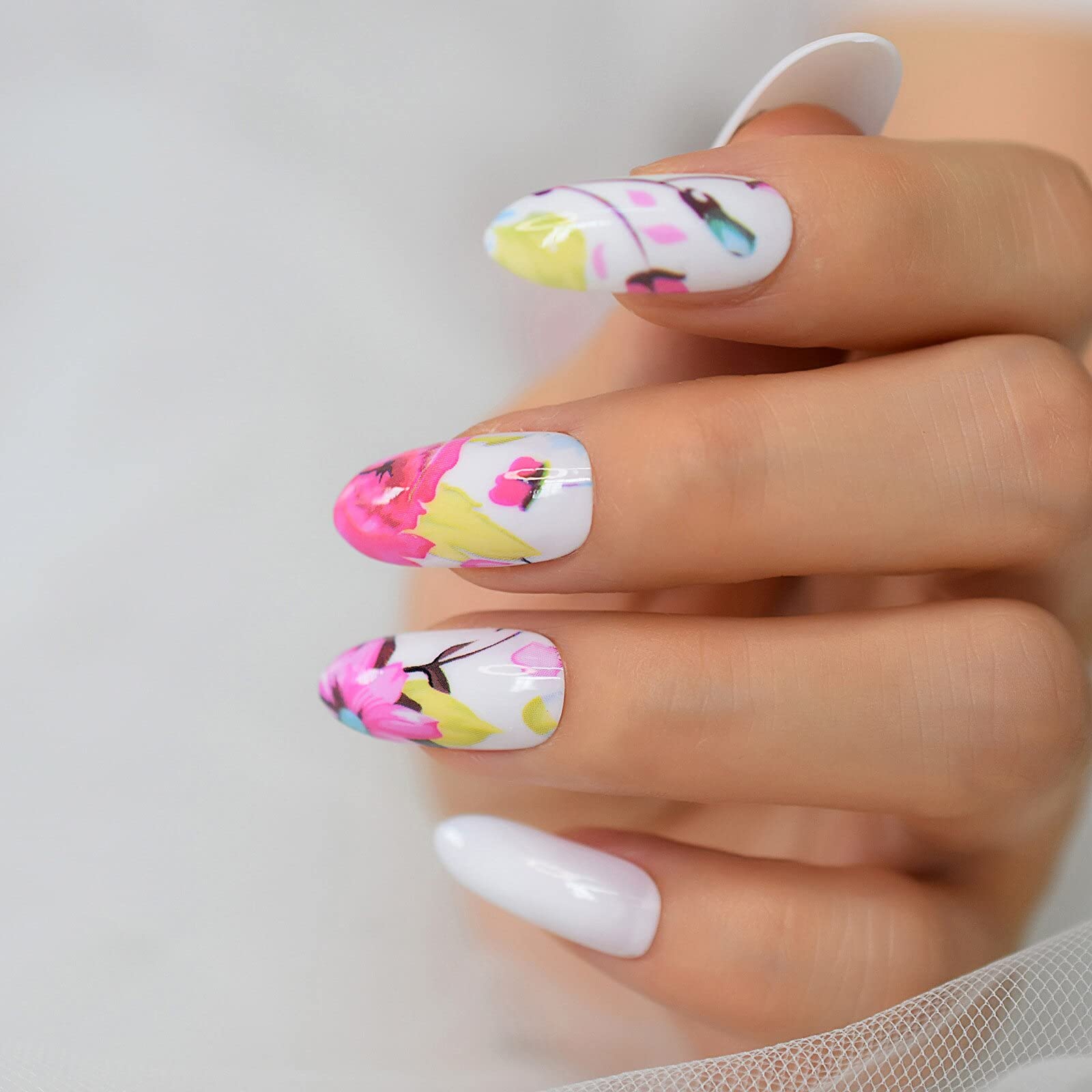 Blossom Flower Press On Fake Nails - Long & Medium Length Oval Artificial Nails with Porcelain White Painting Design | Perfect for Parties, Weddings, and Special Occasions