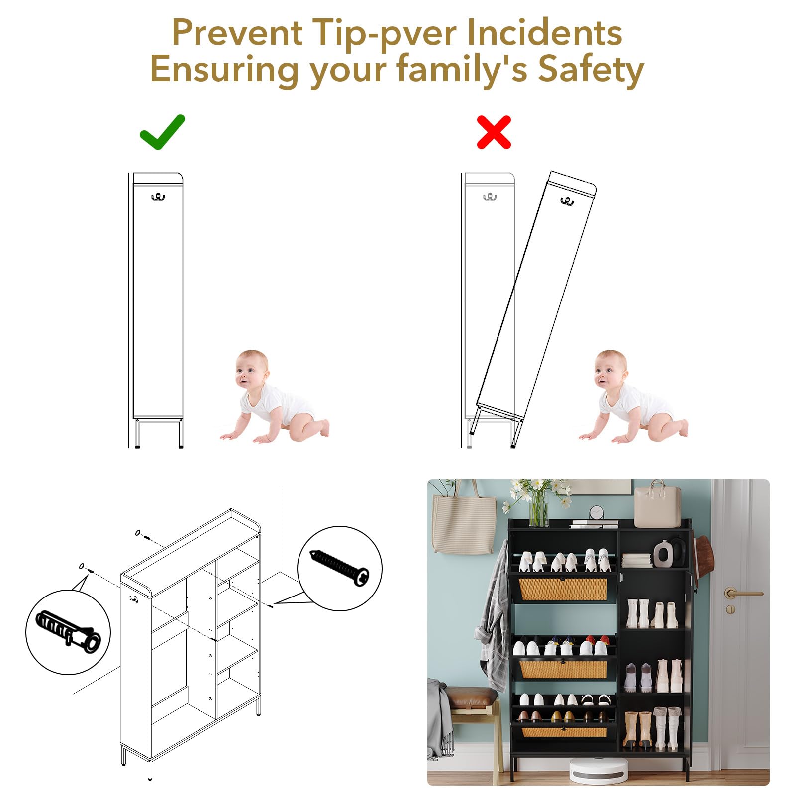 GAOMON 3-Tier Flip Drawer Shoe Storage Cabinet - Rattan Freestanding Shoe Organizer with Adjustable Shelves & Metal Knob for Entryway, Hallway, Closet - Space Saving Narrow Shoe Rack for Small Spaces - Easy Assembly (Black) - Perfect for Apartments, Dorms & Tight Spaces