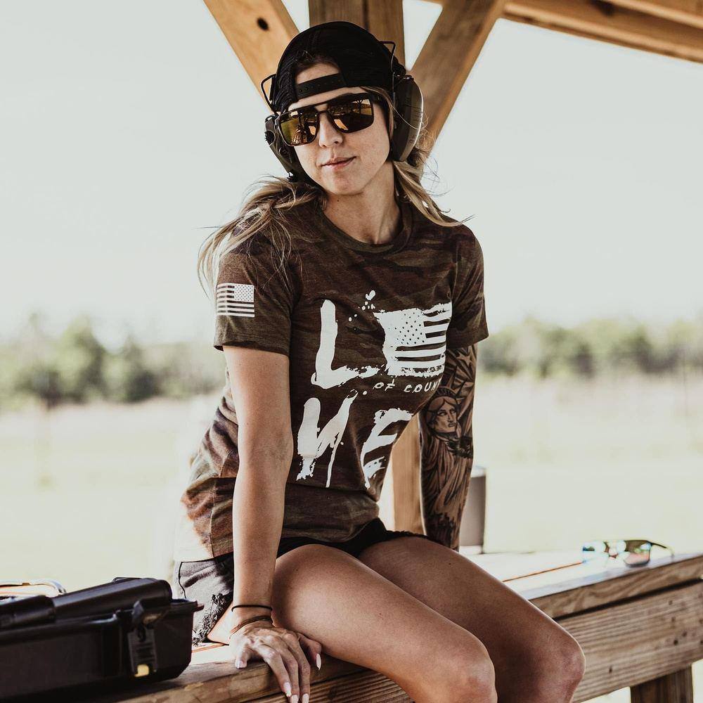 Patriotic Women's Love of Country T-Shirt - Woodland Camo Design | Perfect for 4th of July, Veterans Day & Outdoor Adventures
